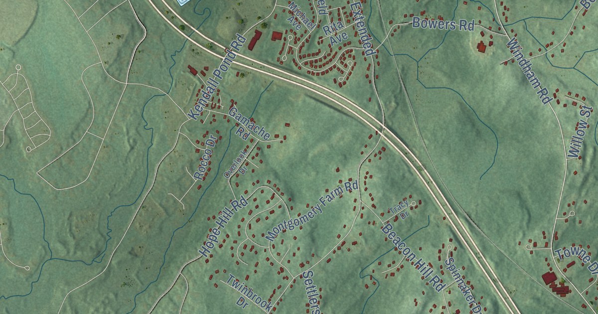 Close-up of streets and buildings in Derry, New Hampshire