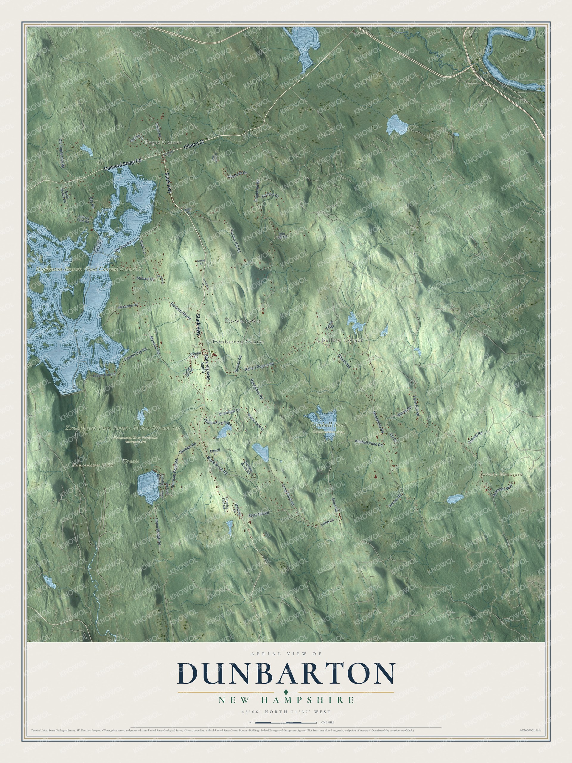 Map of Dunbarton, New Hampshire, with Pages Corner, Baileys Corner and the Kuncanowet Hills