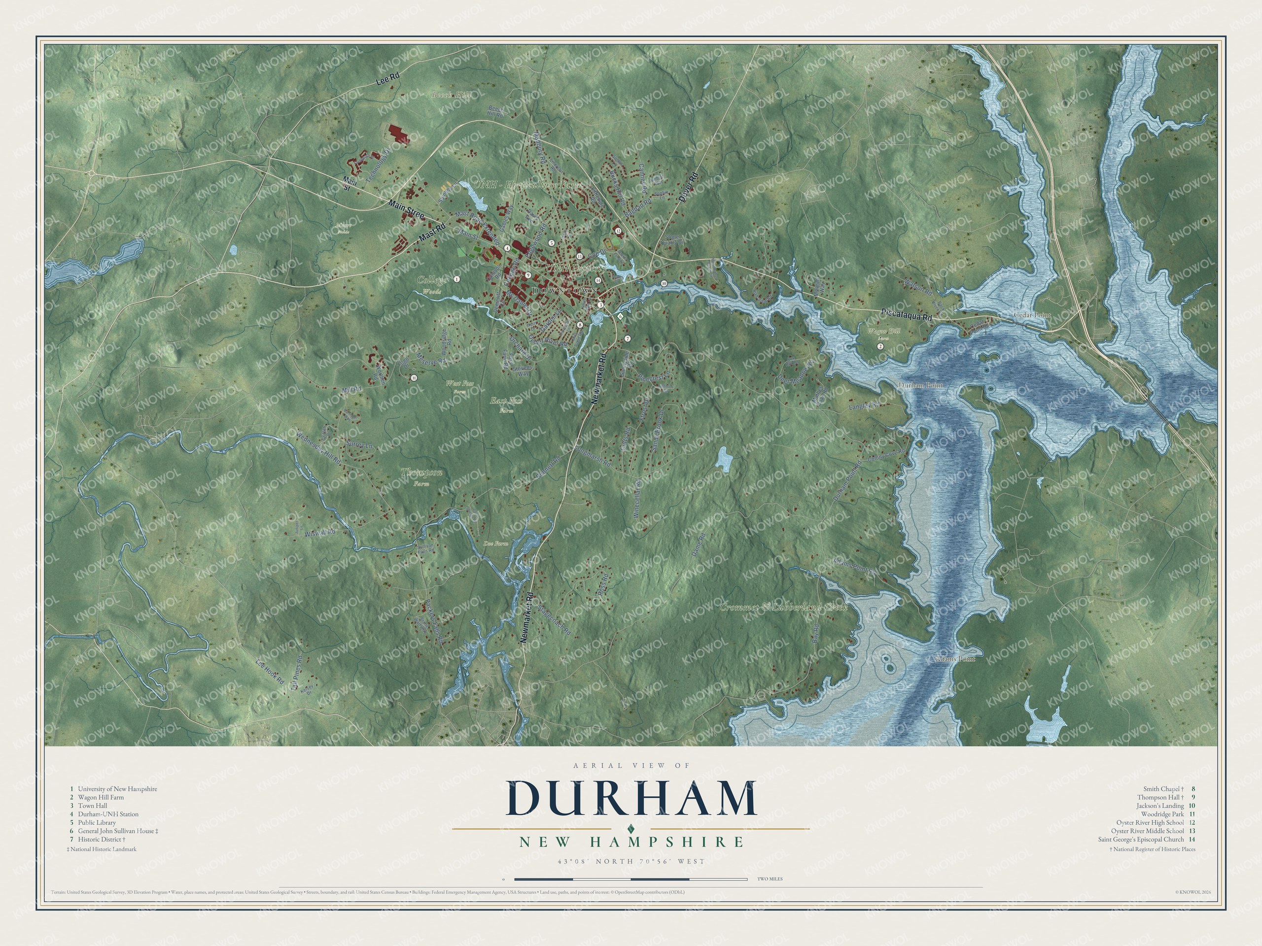 Map of Durham, New Hampshire, with the University of New Hampshire campus, the Oyster River and Adams Point on Great Bay