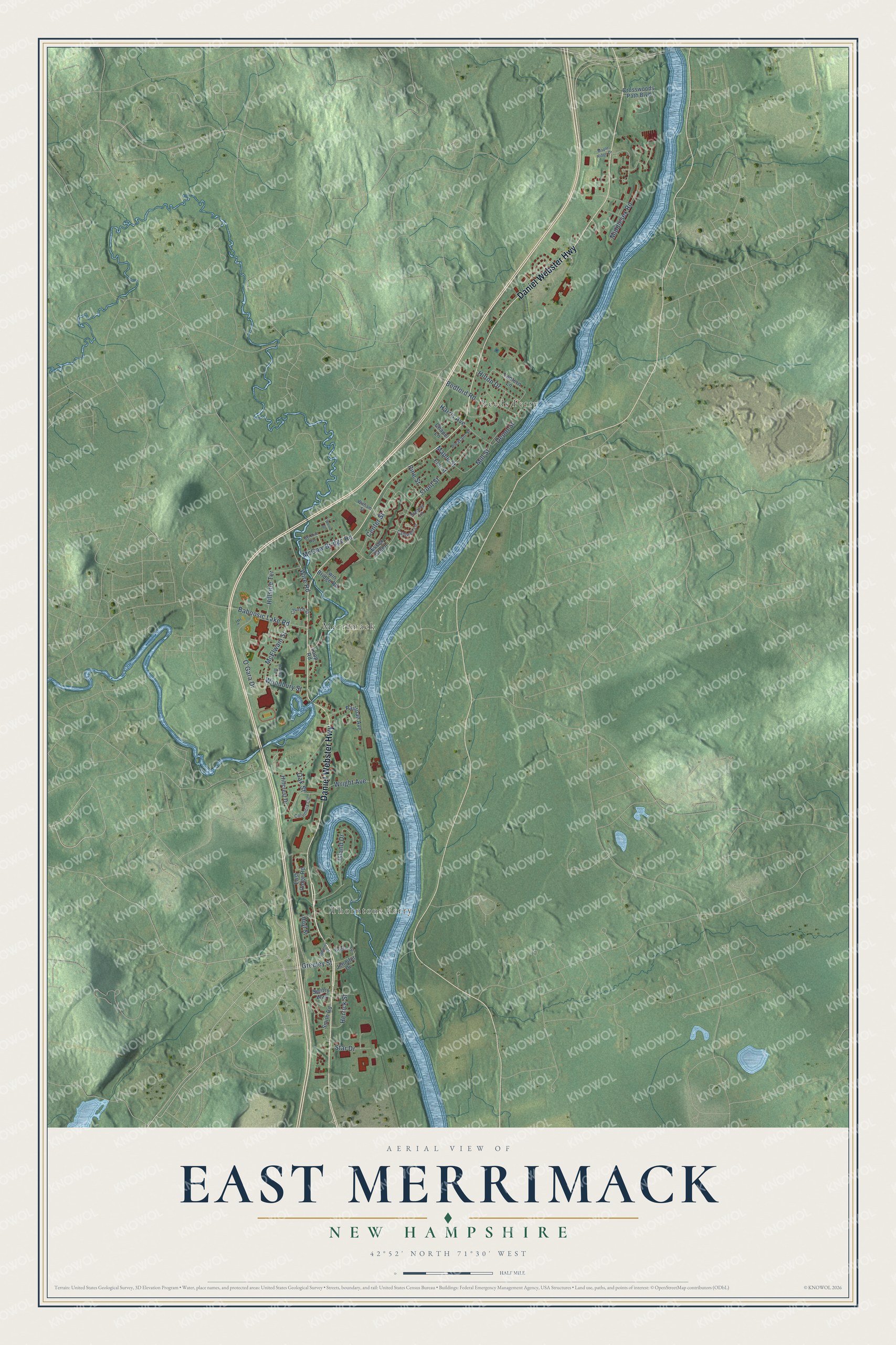Full map of East Merrimack, New Hampshire, with red buildings, printed street names and the land around them