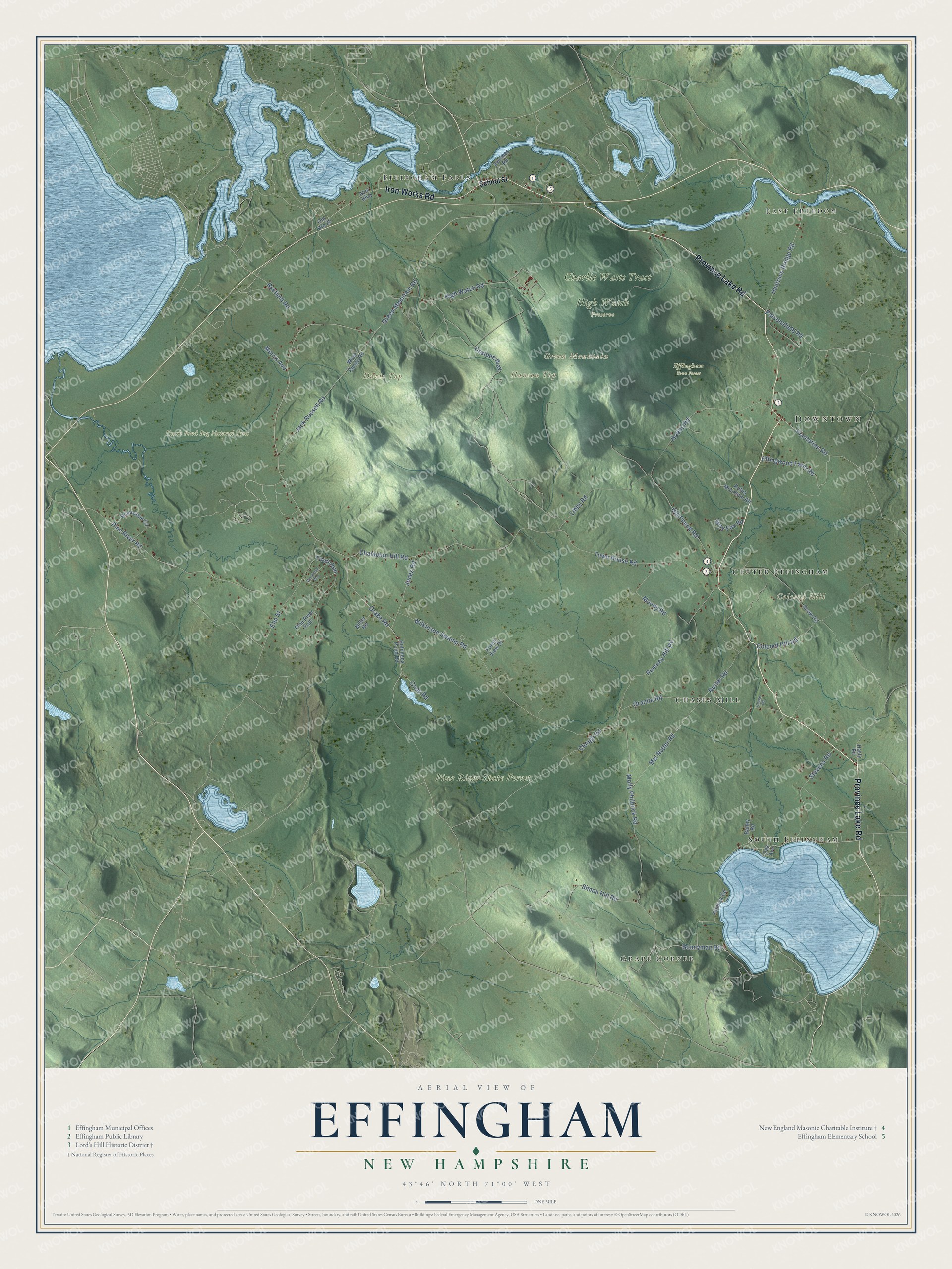 Map of Effingham, New Hampshire, with Lord's Hill, the Ossipee River, Province Lake and Green Mountain