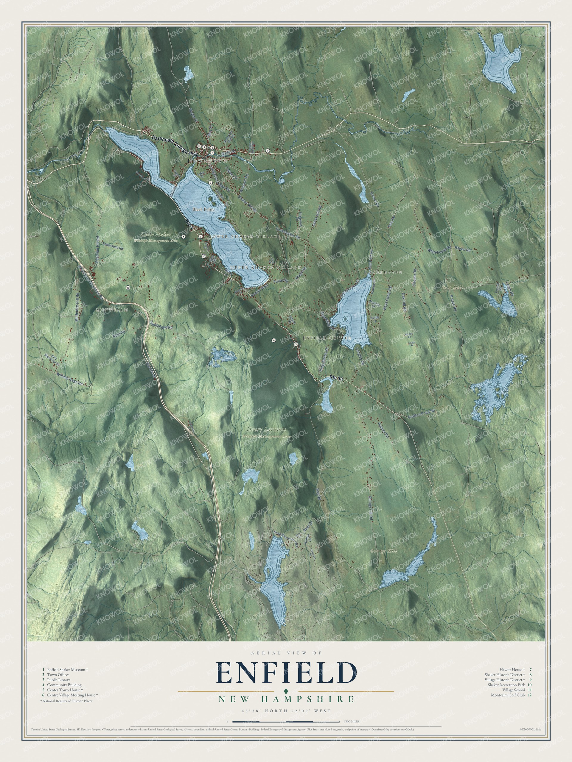 Map of Enfield, New Hampshire, with Mascoma Lake, the Shaker villages, Montcalm and Lockehaven