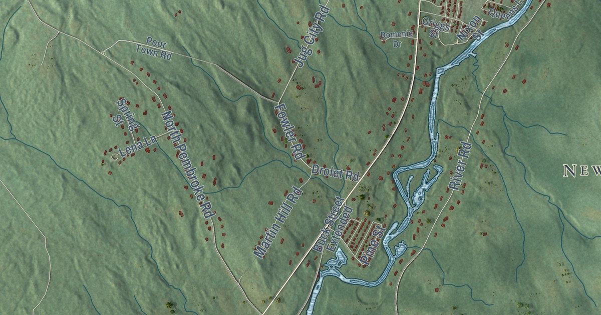 Close-up of streets and buildings in Epsom, New Hampshire
