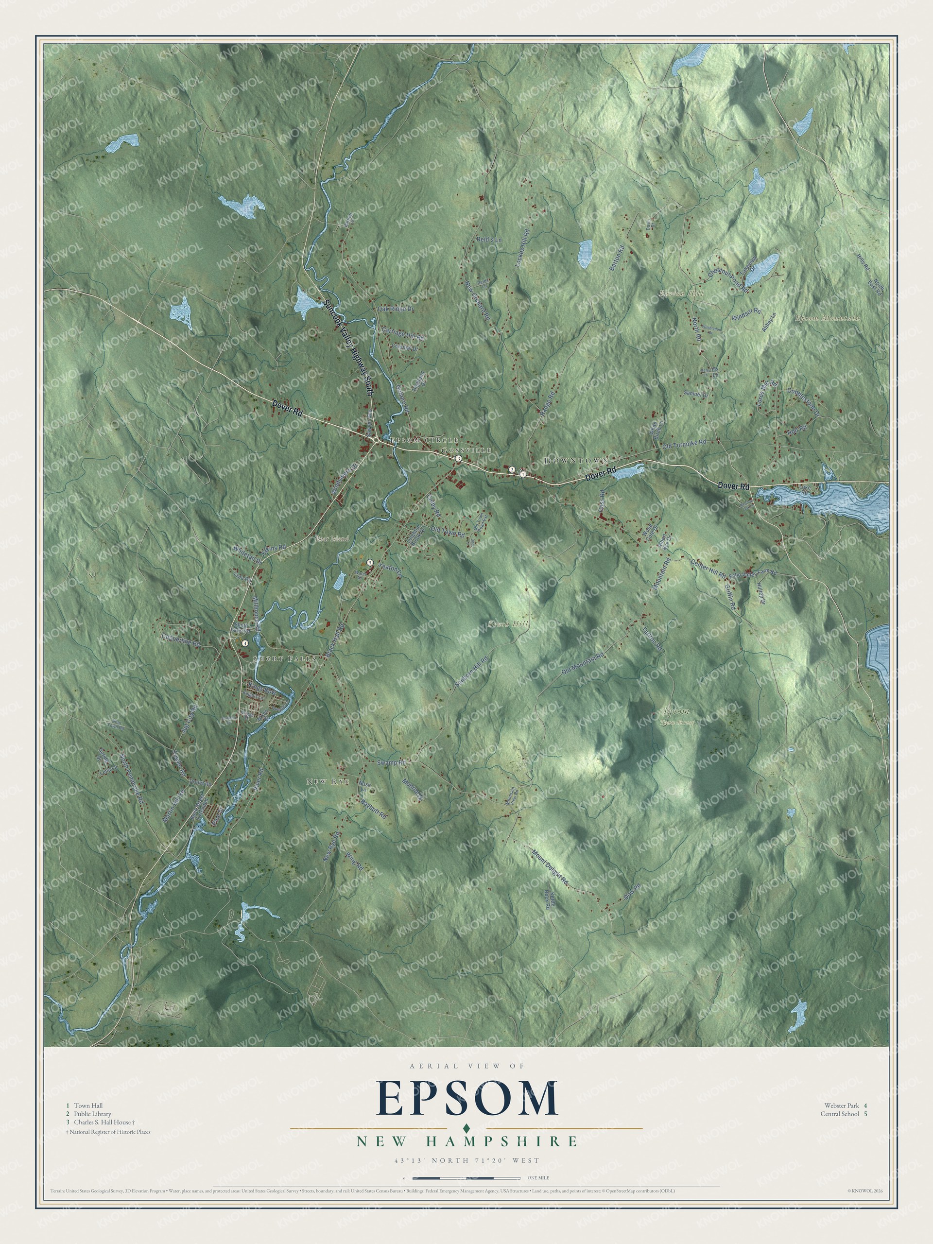 Map of Epsom, New Hampshire, with the Epsom Circle, Gossville, Short Falls, New Rye and the Suncook River