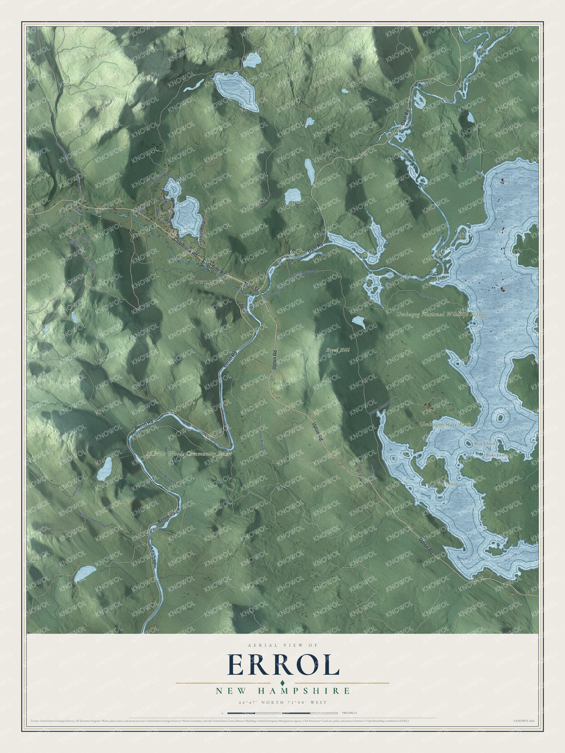 Map of Errol, New Hampshire, with Umbagog Lake, the Androscoggin River and Mollidgewock State Park