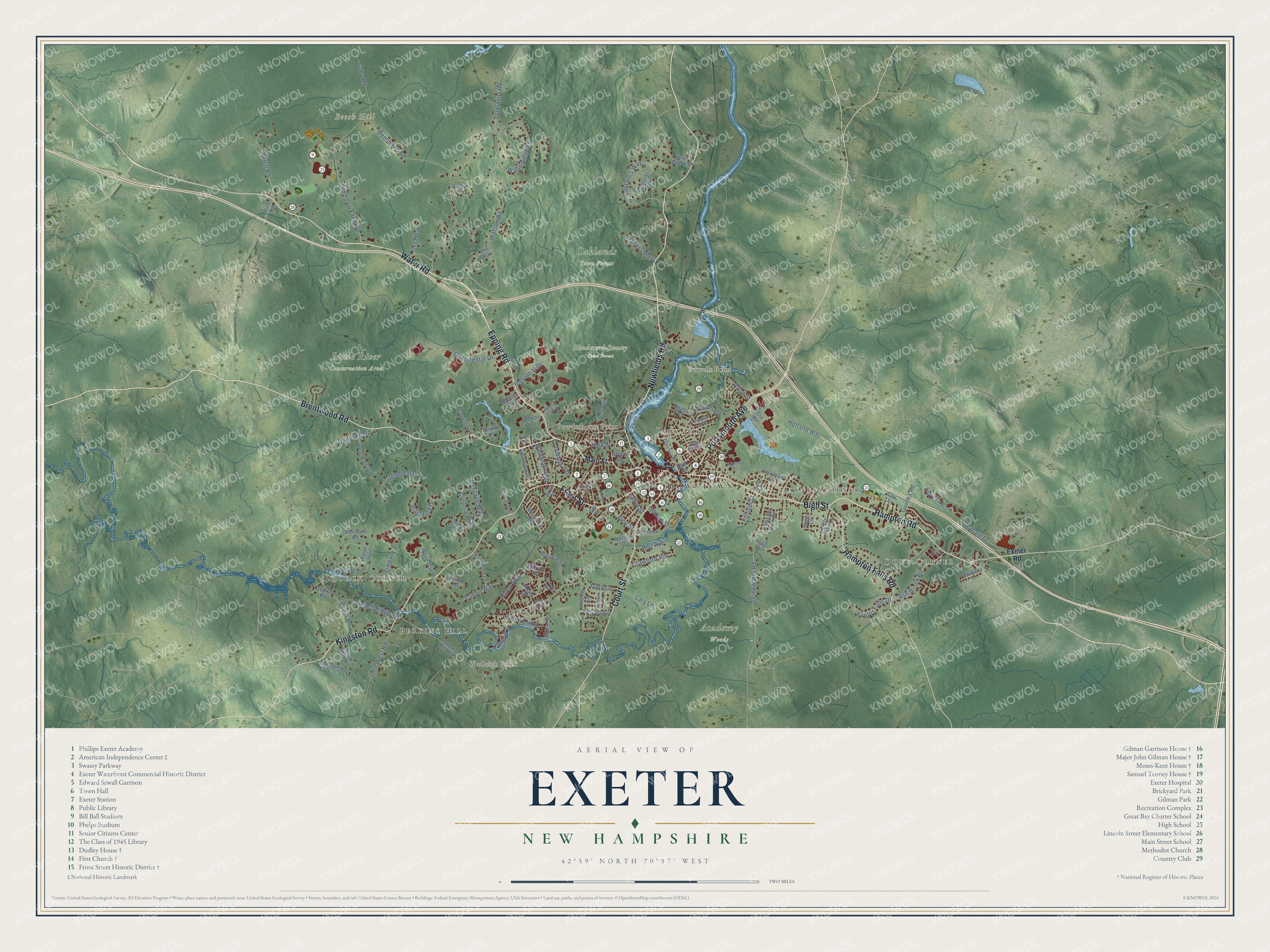 Map of Exeter, New Hampshire, with the Squamscott River, Phillips Exeter Academy, Swasey Parkway and the town center