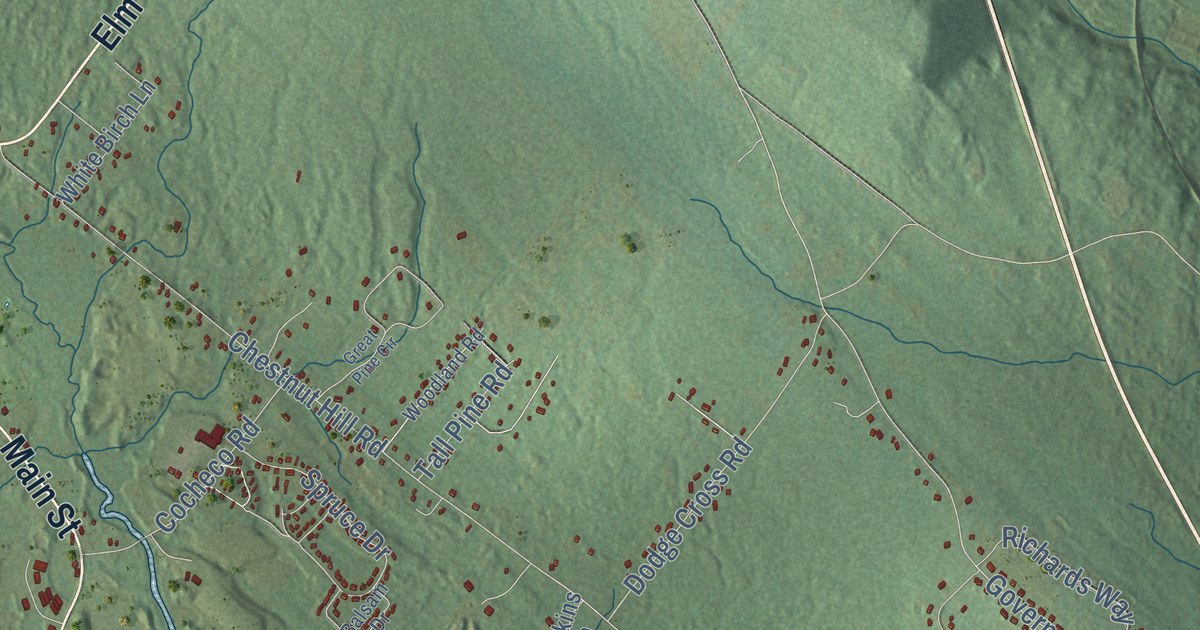 Close-up of streets and buildings in Farmington, New Hampshire