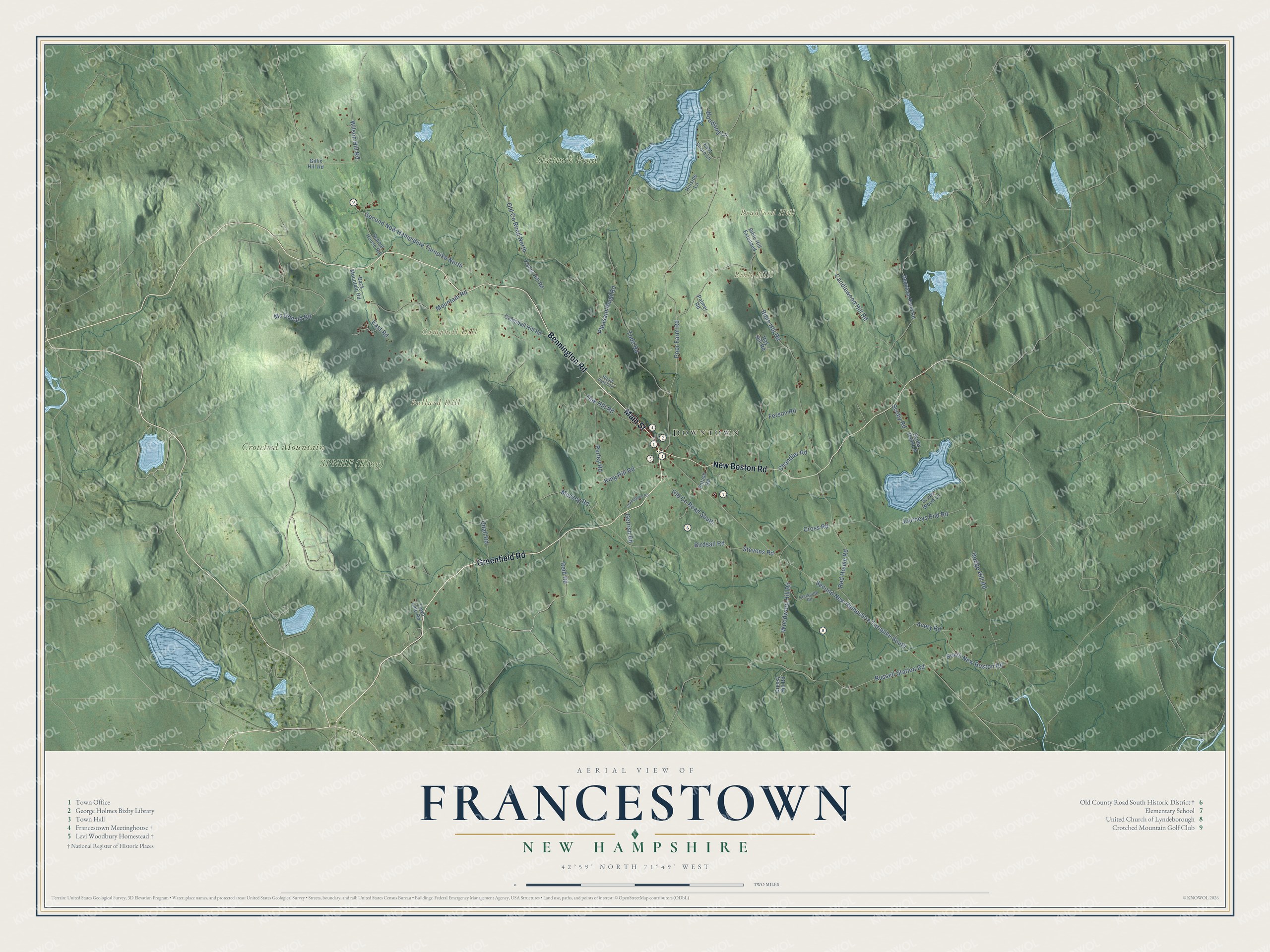 Map of Francestown, New Hampshire, with the village, Crotched Mountain, Bible Hill and the Old County Road South Historic District