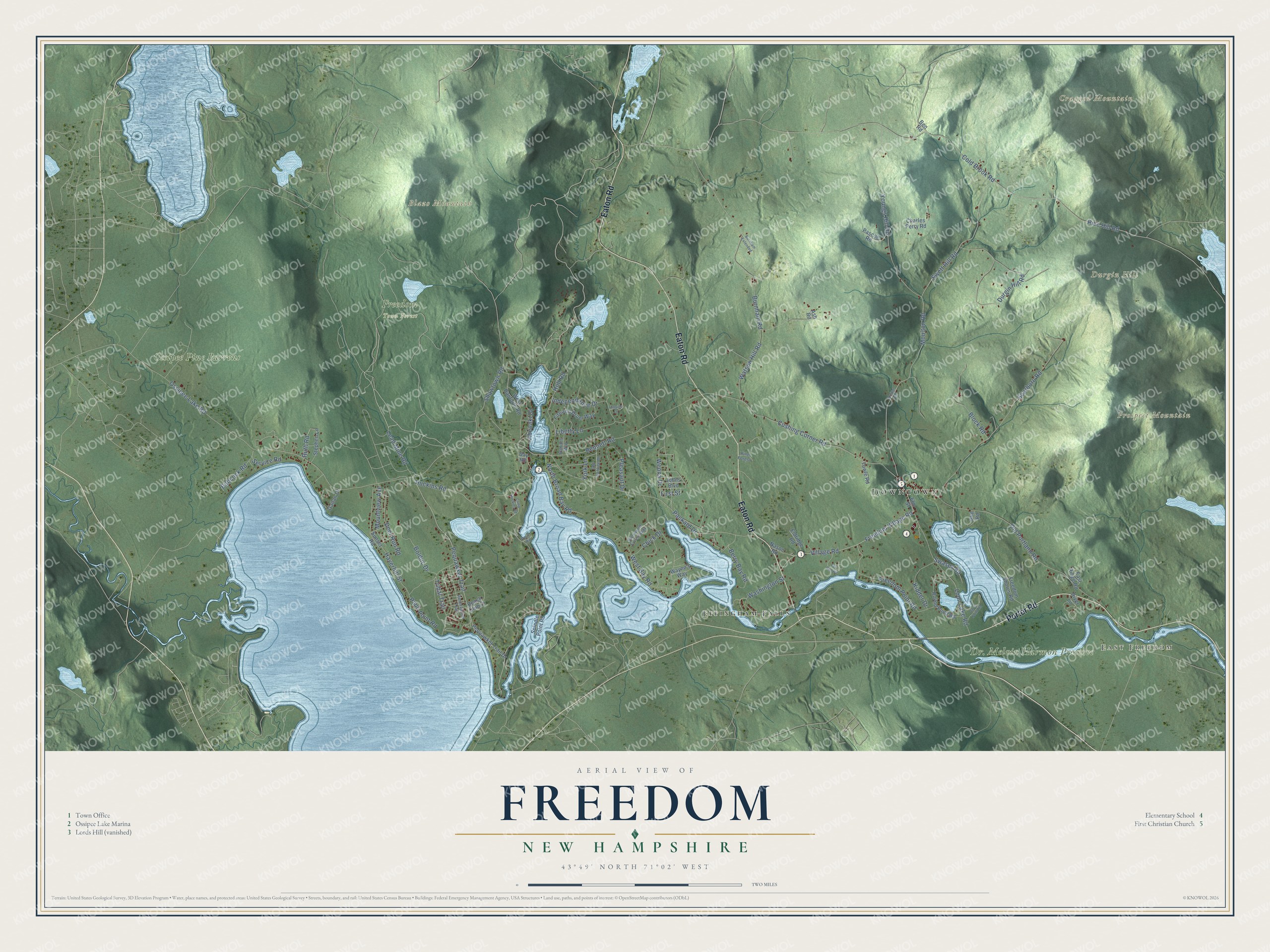 Map of Freedom, New Hampshire, with Ossipee Lake, the Ossipee River, Blazo Mountain and Cragged Mountain