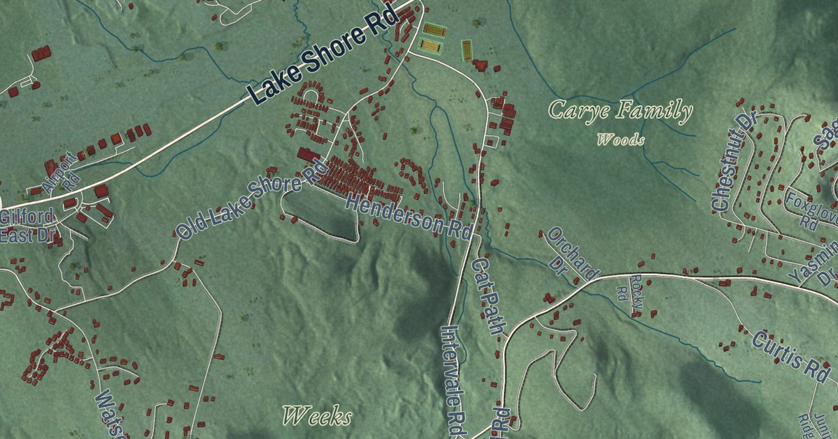 Close-up of streets and buildings in Gilford, New Hampshire