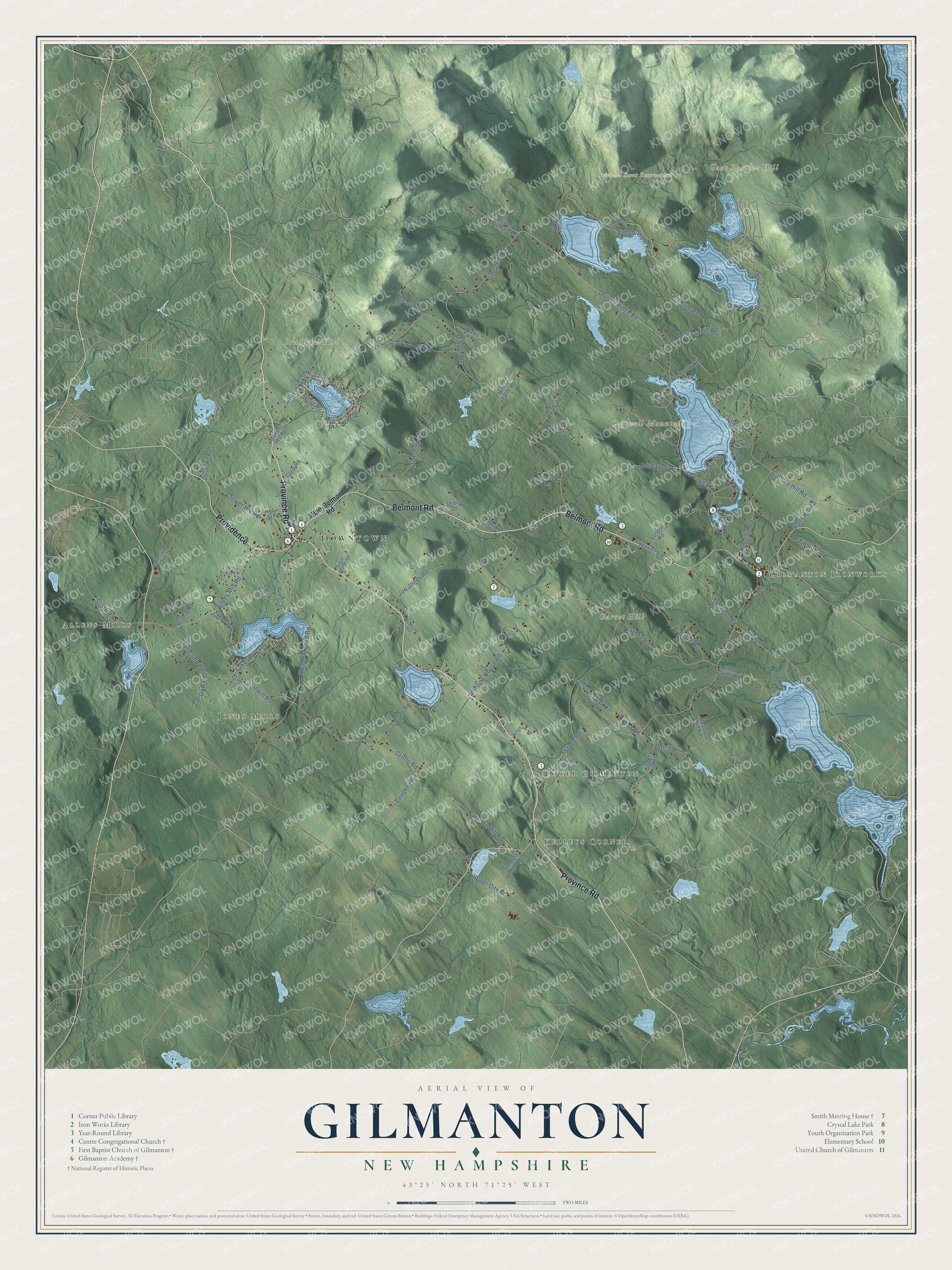 Map of Gilmanton, New Hampshire, with Crystal Lake, Gilmanton Ironworks and the Smith Meeting House