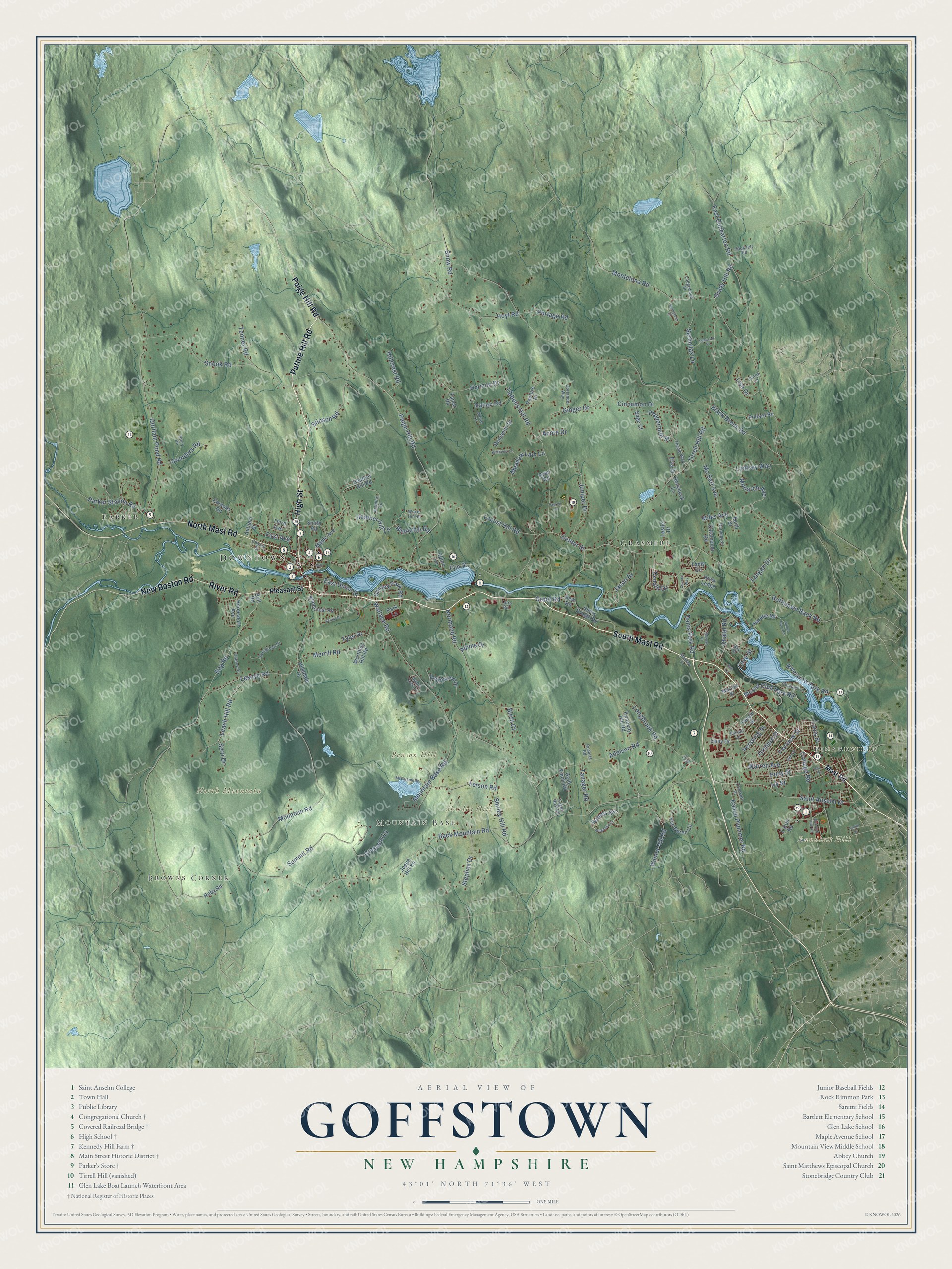 Map of Goffstown, New Hampshire, with the Piscataquog River, the Uncanoonuc Mountains and Grasmere