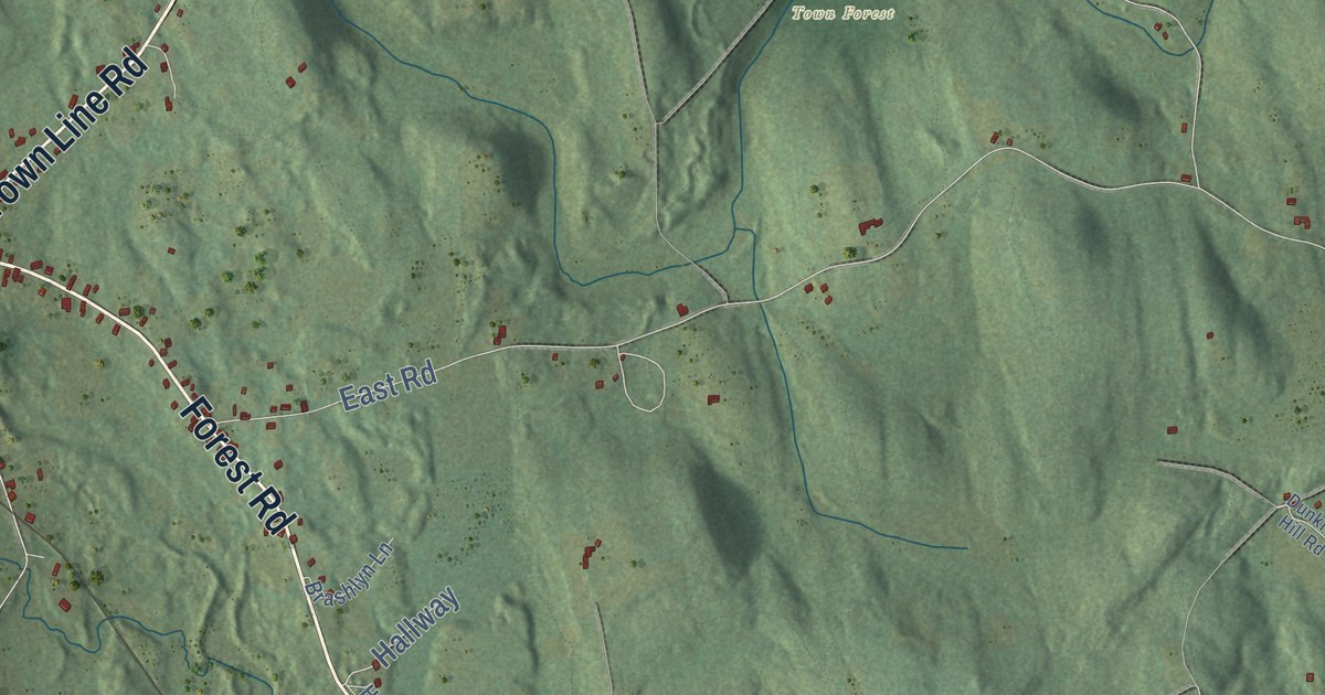 Close-up of streets and buildings in Greenfield, New Hampshire
