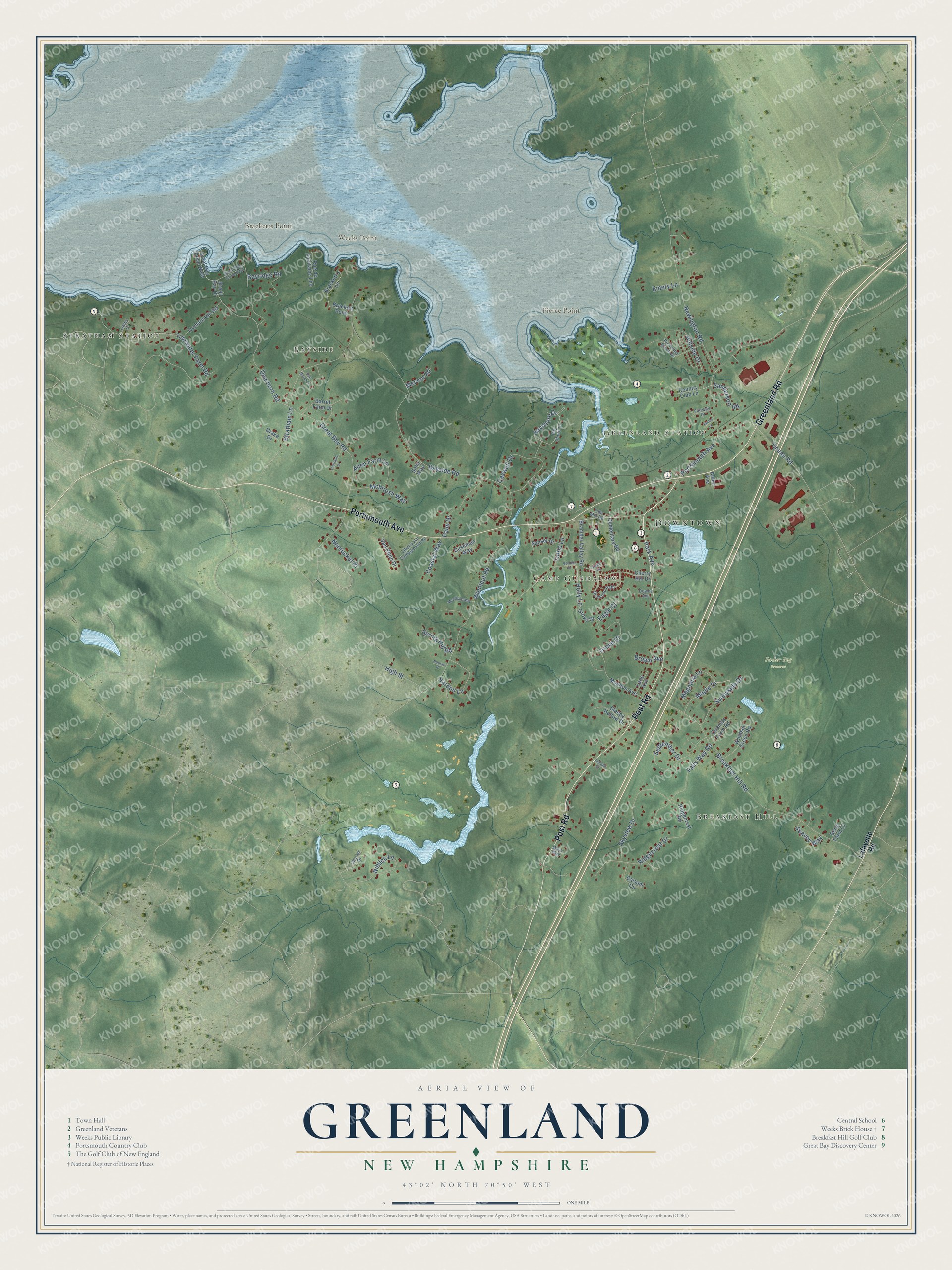 Map of Greenland, New Hampshire, with Great Bay, the Winnicut River and the Weeks Brick House