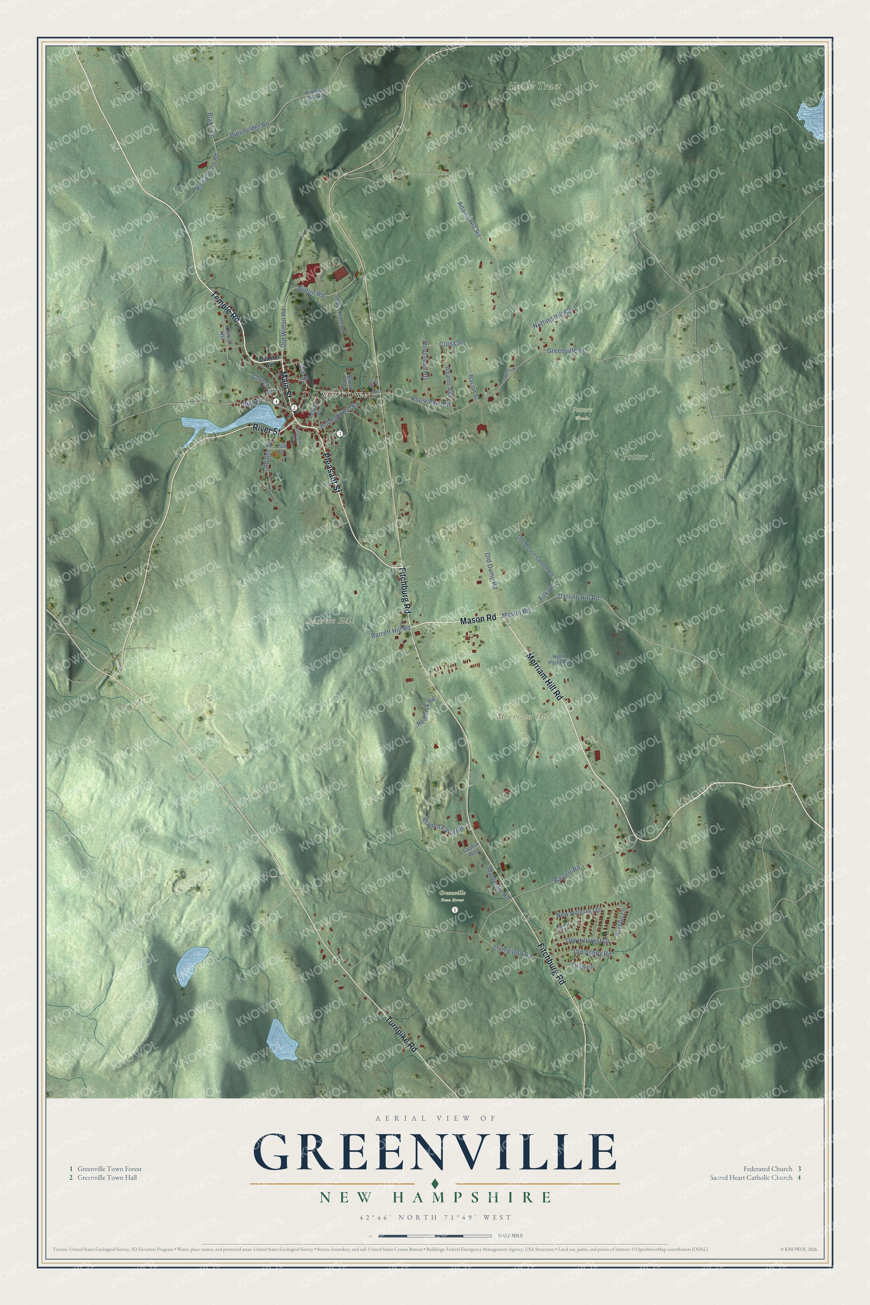 Map of Greenville, New Hampshire, with the Souhegan River, Barrett Hill and the village center