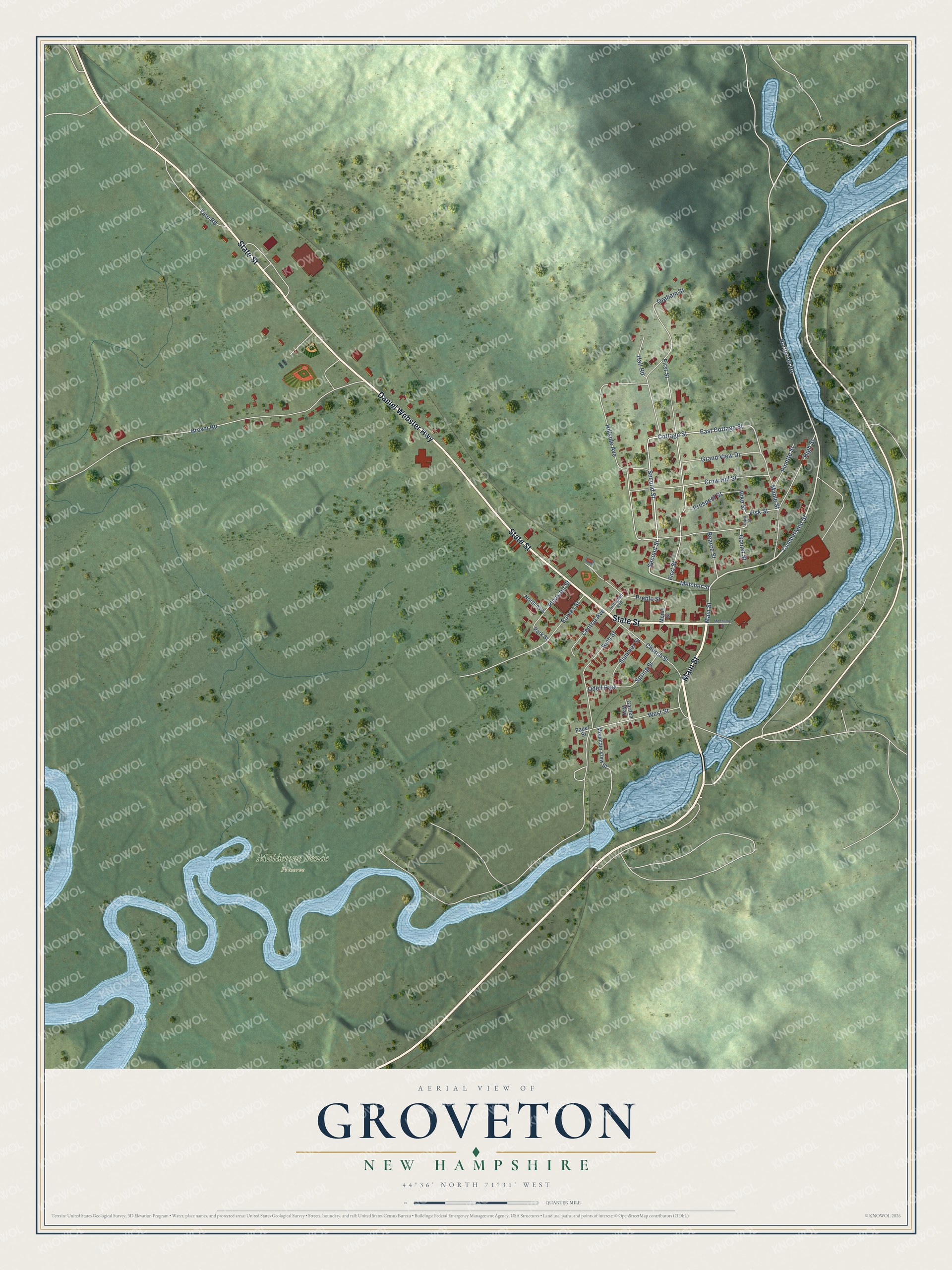 Full map of Groveton, New Hampshire, with red buildings, printed street names and the land around them