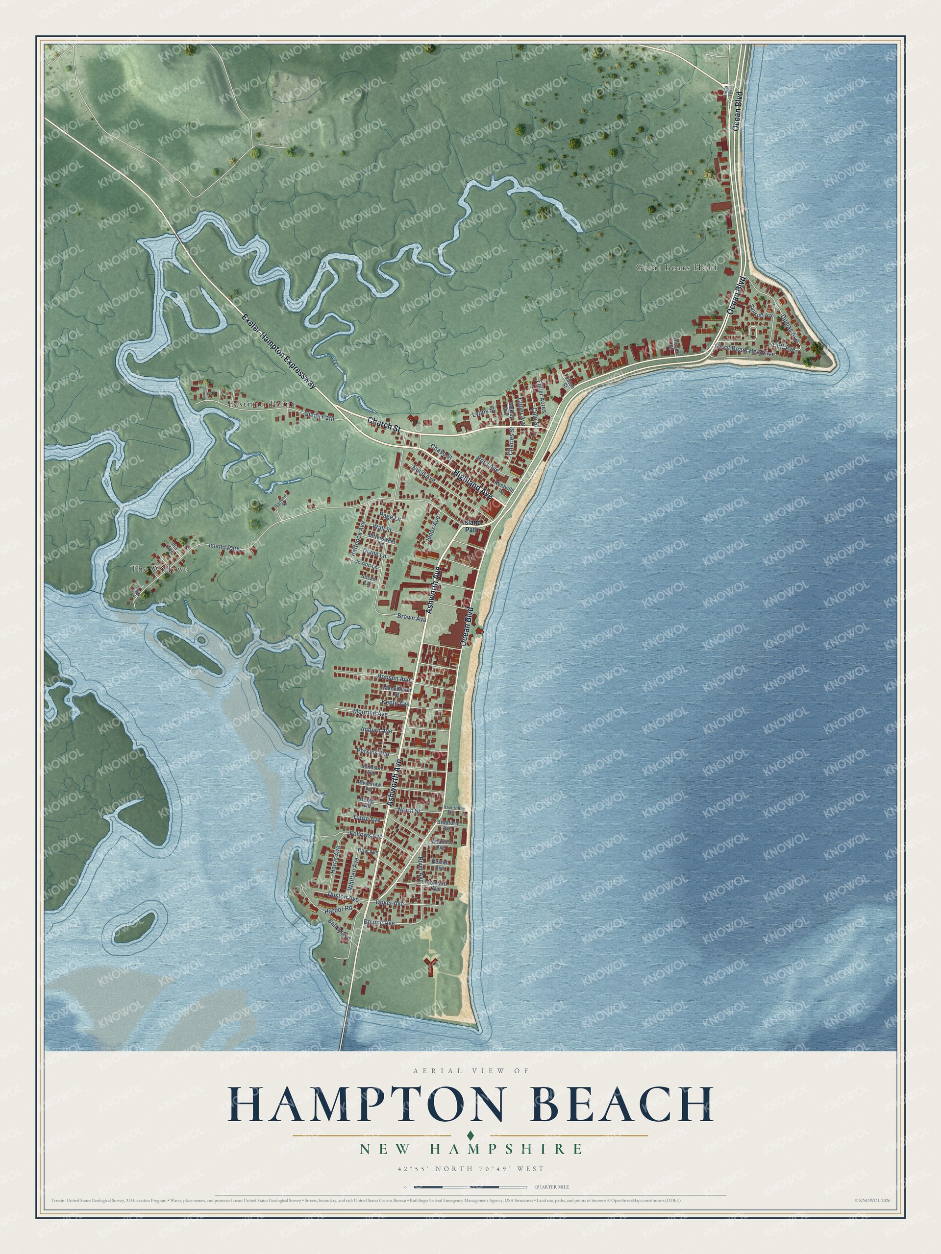 Full map of Hampton Beach, New Hampshire, with red buildings, printed street names and the land around them
