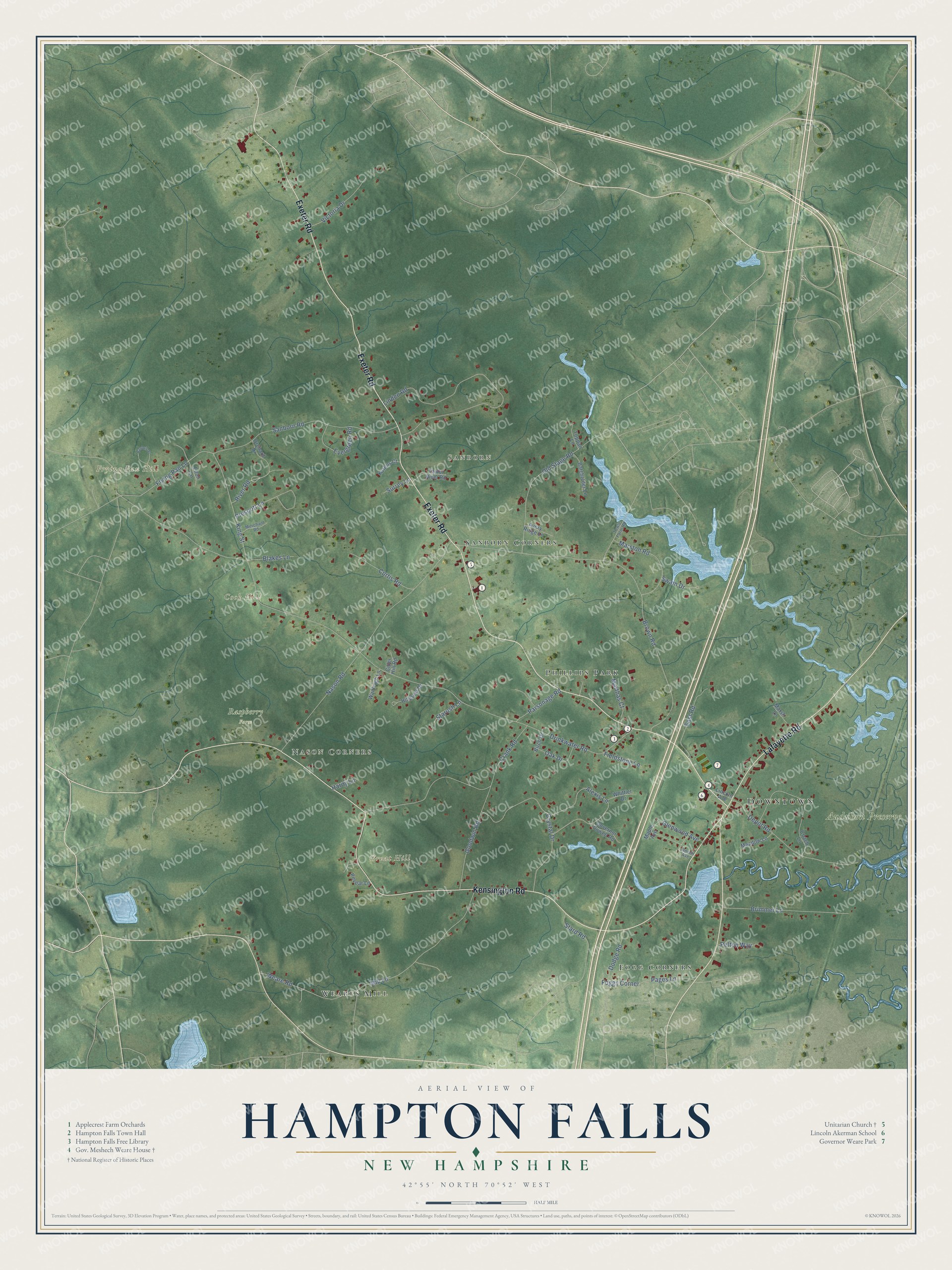 Map of Hampton Falls, New Hampshire, with Exeter Road, Weares Mill and Applecrest Farm Orchards