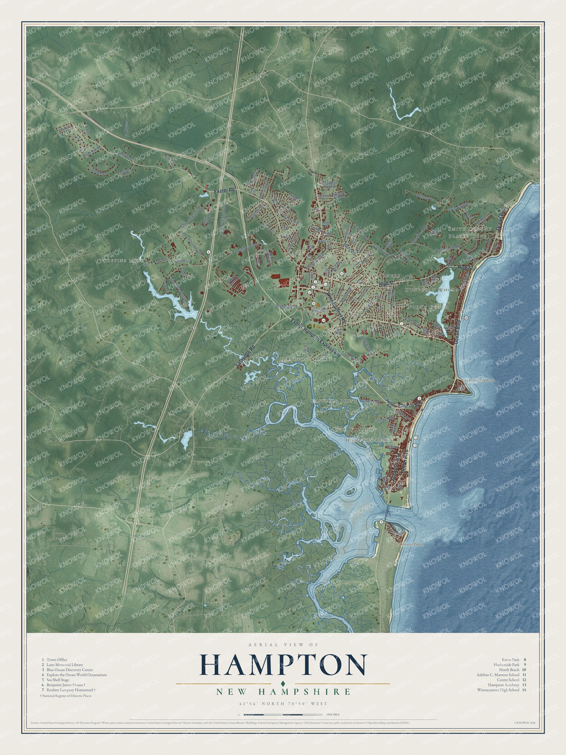 Map of Hampton, New Hampshire, with North Beach, the salt marsh and the Benjamin James House