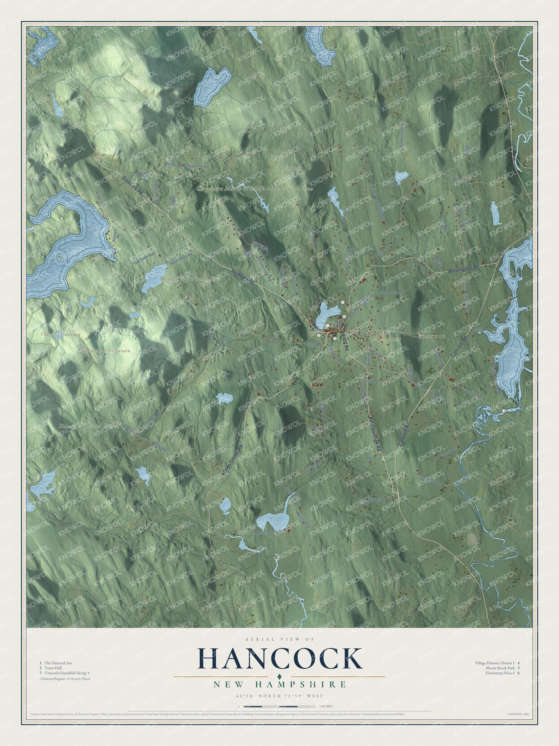 Map of Hancock, New Hampshire, with the village, Norway Hill and the Contoocook River