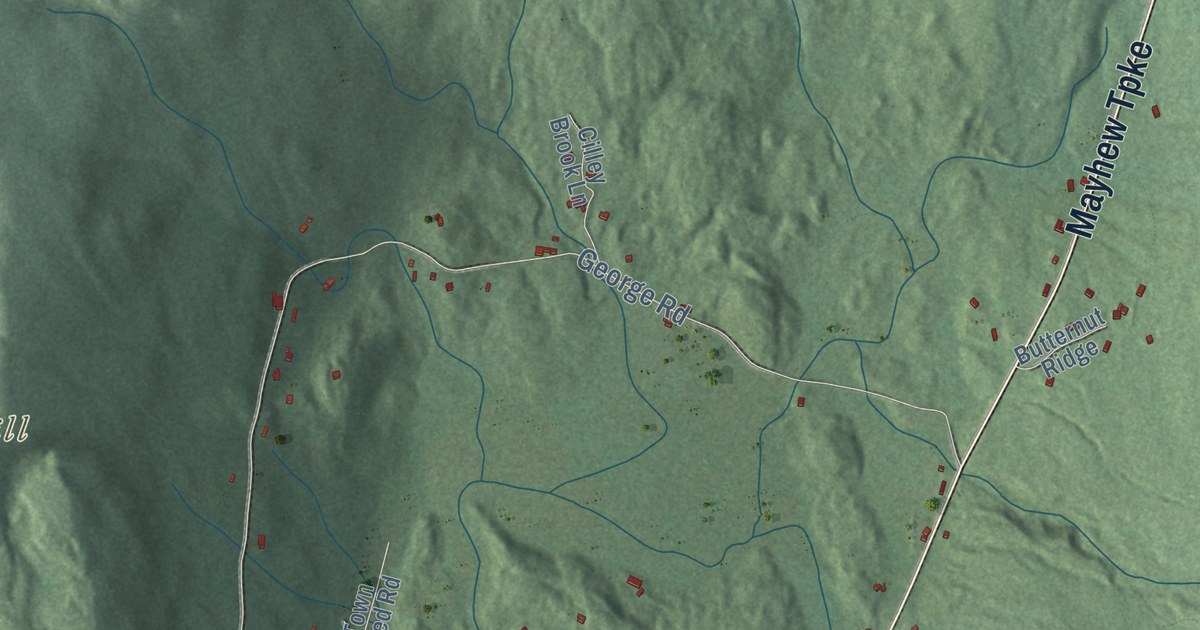 Close-up of streets and buildings in Hebron, New Hampshire