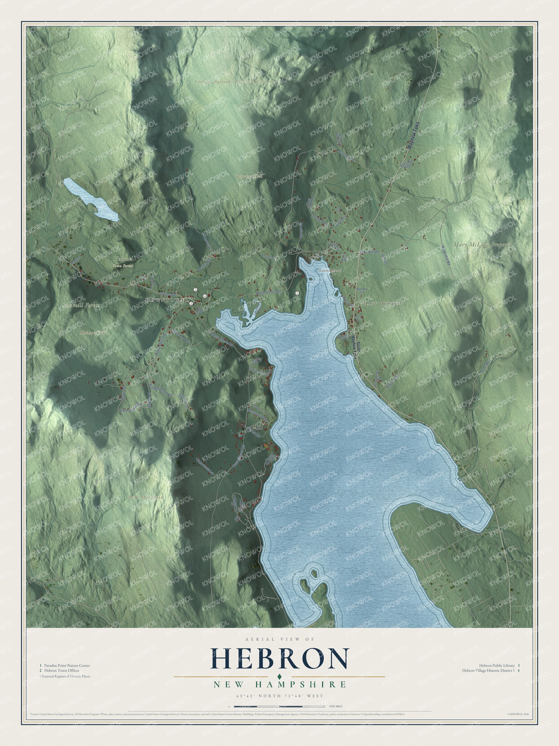 Map of Hebron, New Hampshire, with Newfound Lake, the village common and Bear Mountain