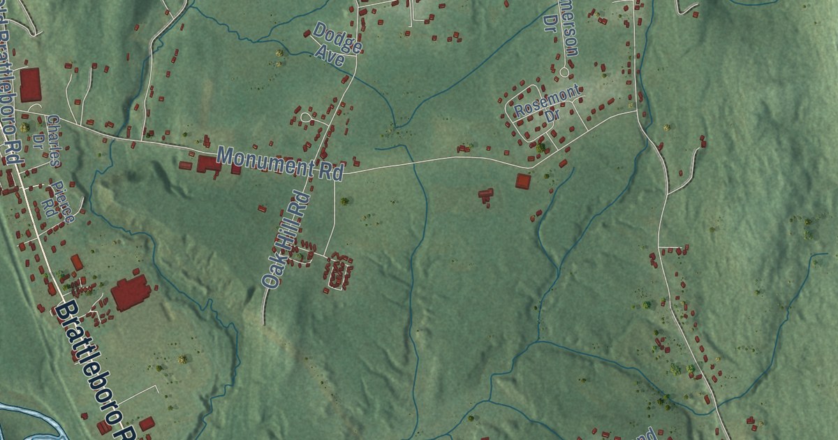 Close-up of streets and buildings in Hinsdale, New Hampshire