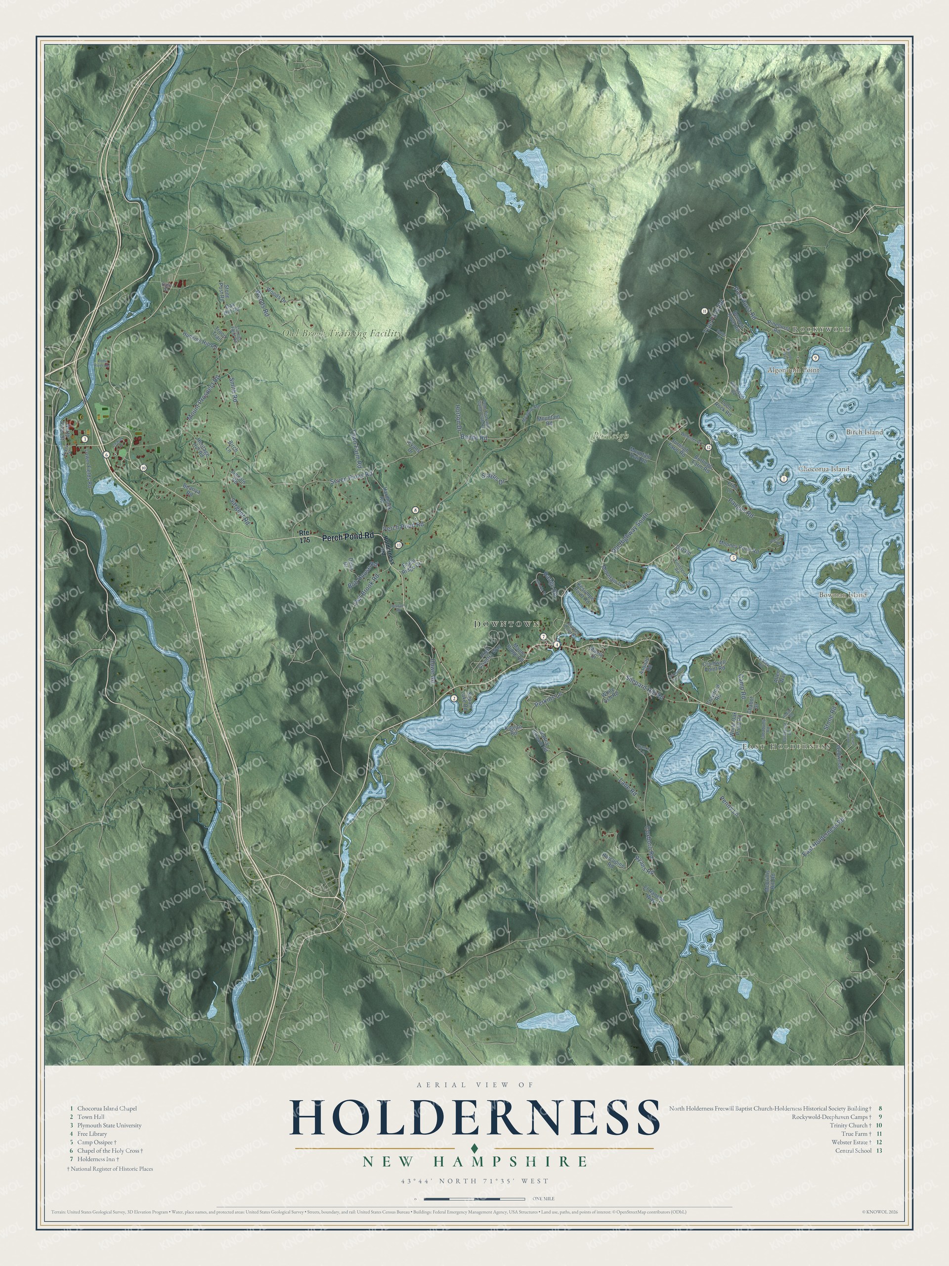 Map of Holderness, New Hampshire, with Squam Lake, Little Squam Lake and the Pemigewasset River