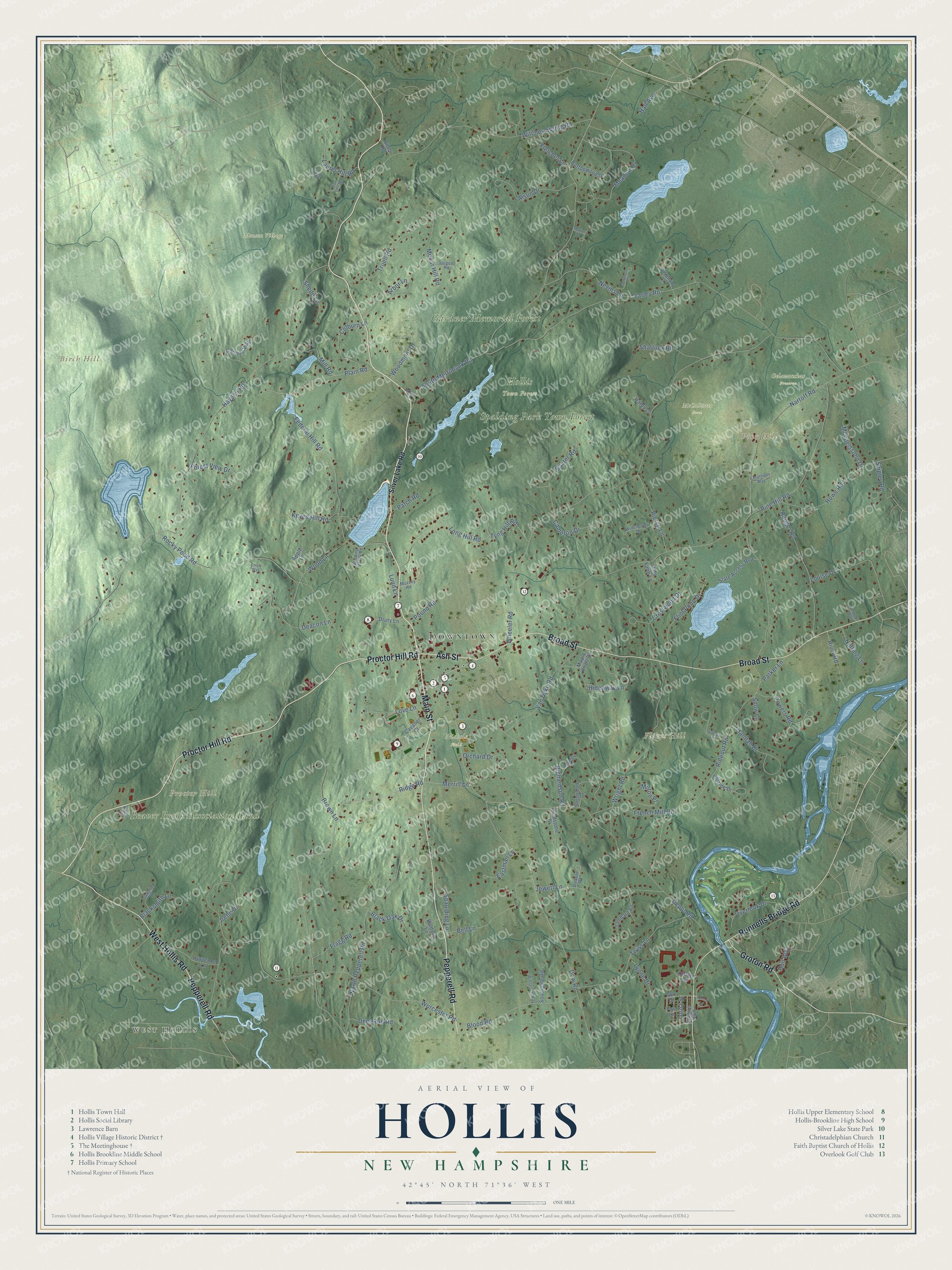 Map of Hollis, New Hampshire, with Monument Square, Silver Lake and Birch Hill