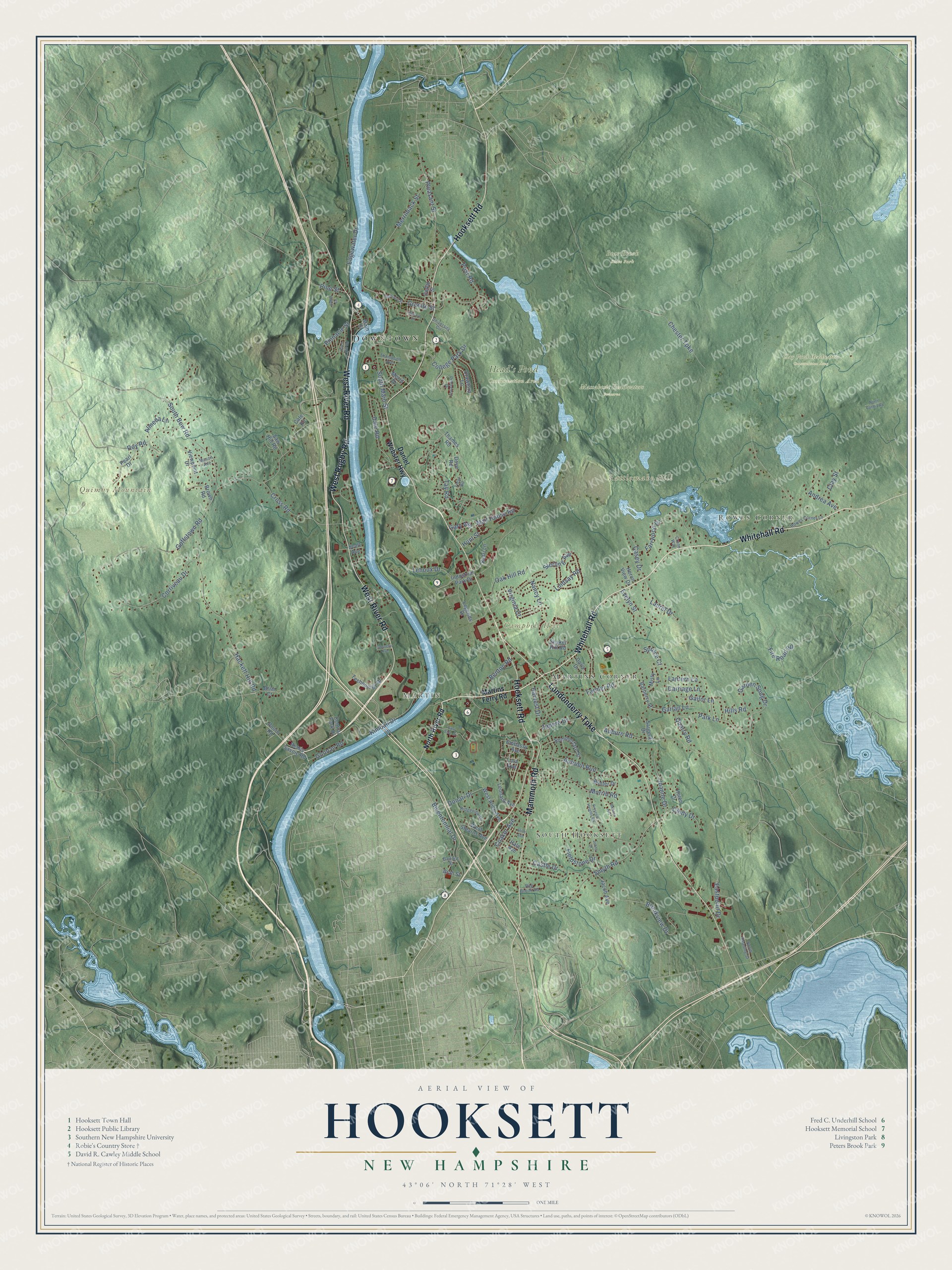 Map of Hooksett, New Hampshire, with the Merrimack River, Robie's Country Store and Martins Corner