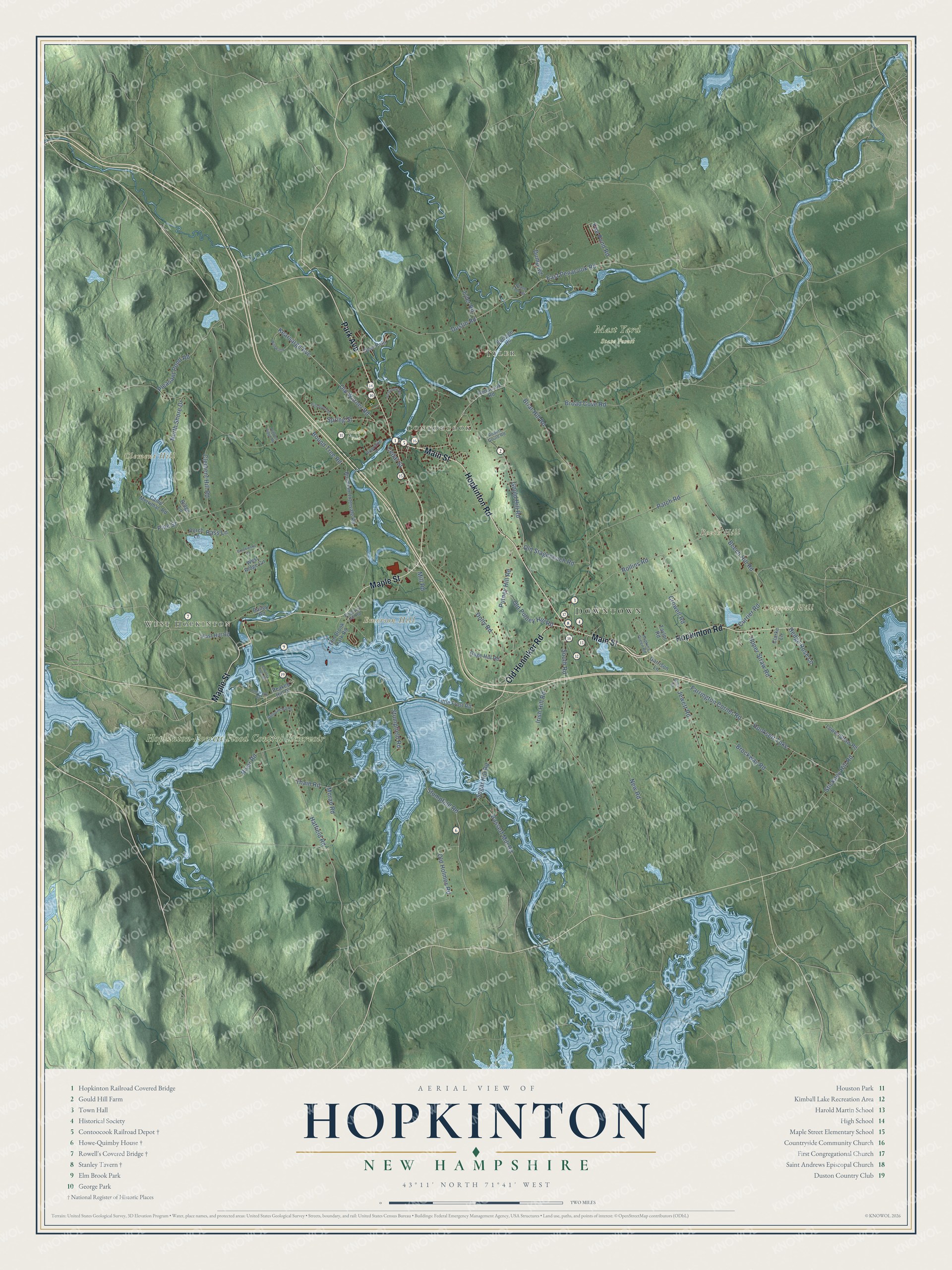 Map of Hopkinton, New Hampshire, with Contoocook village, West Hopkinton and the Contoocook River