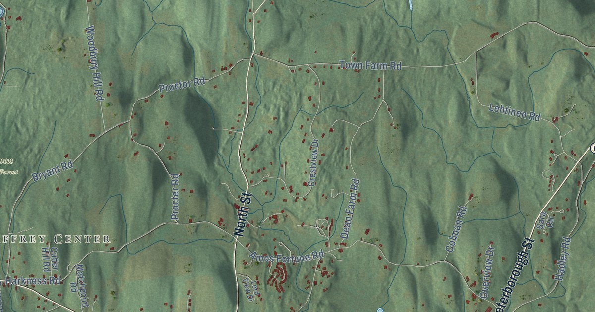 Close-up of streets and buildings in Jaffrey, New Hampshire