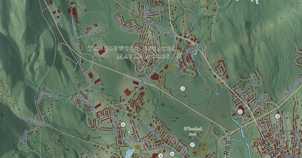Close-up of streets and buildings in Keene, New Hampshire