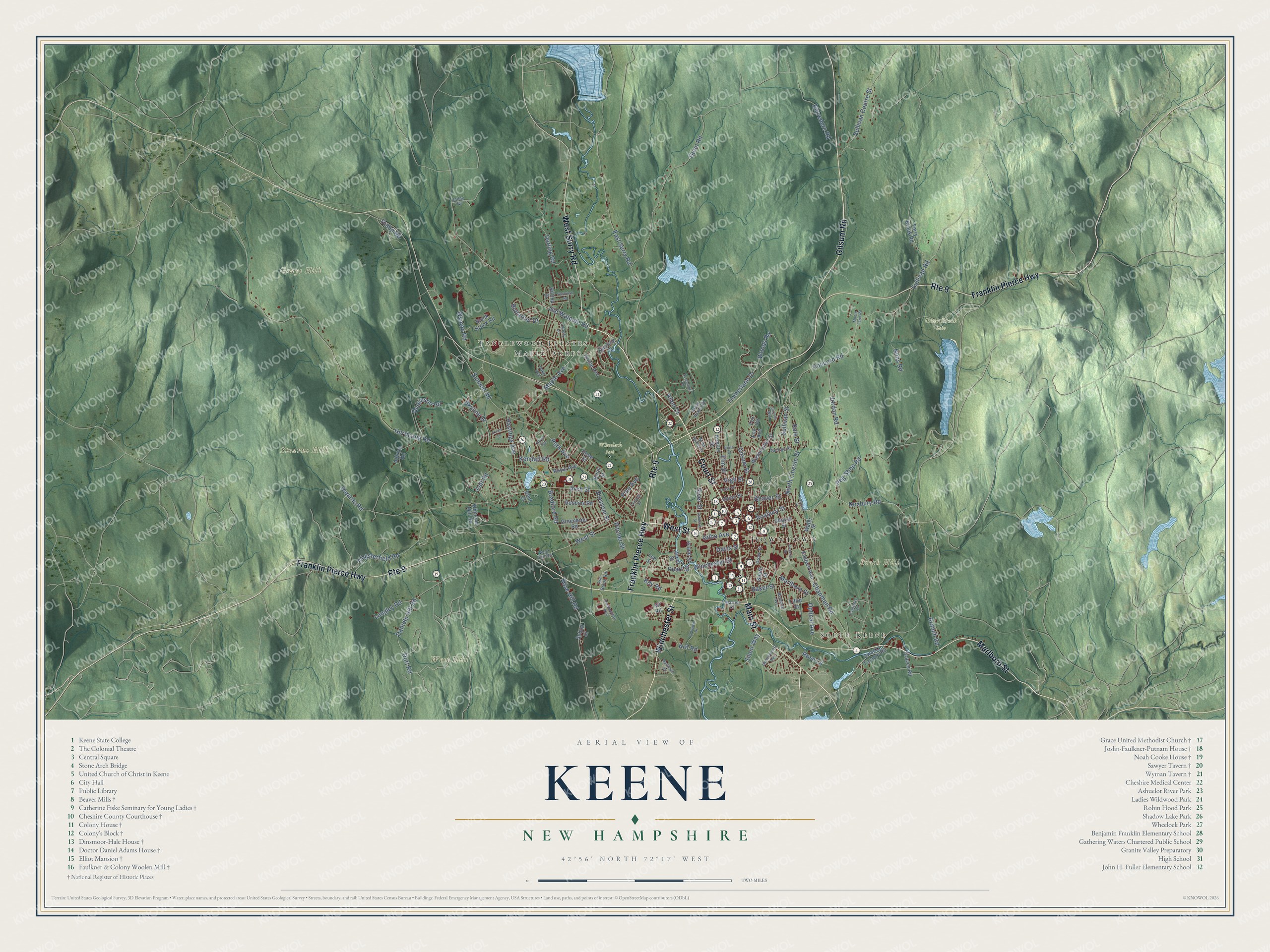 Map of Keene, New Hampshire, with Central Square, the Ashuelot River and Keene State College