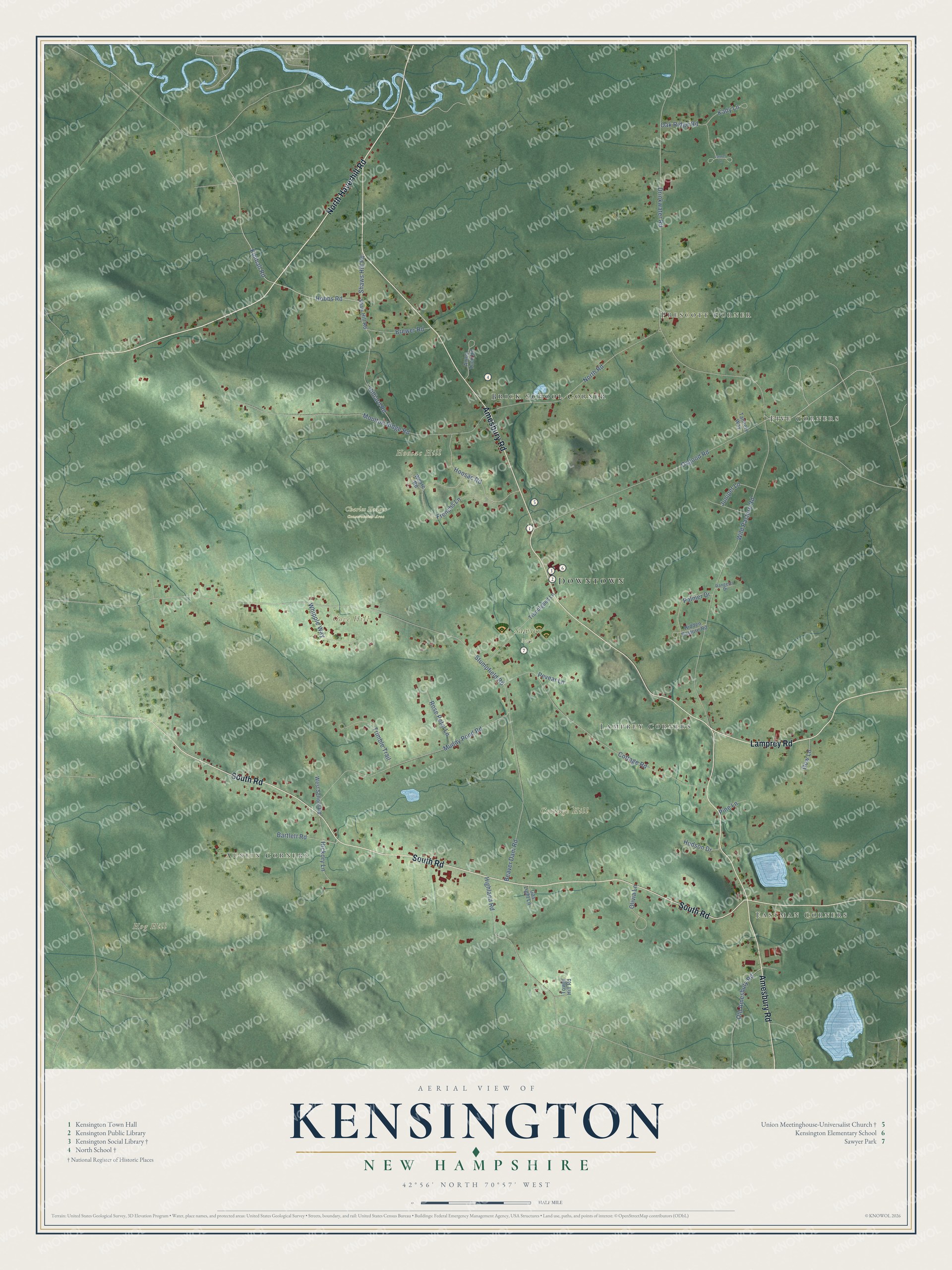 Map of Kensington, New Hampshire, with Amesbury Road, Indian Ground Hill and Five Corners