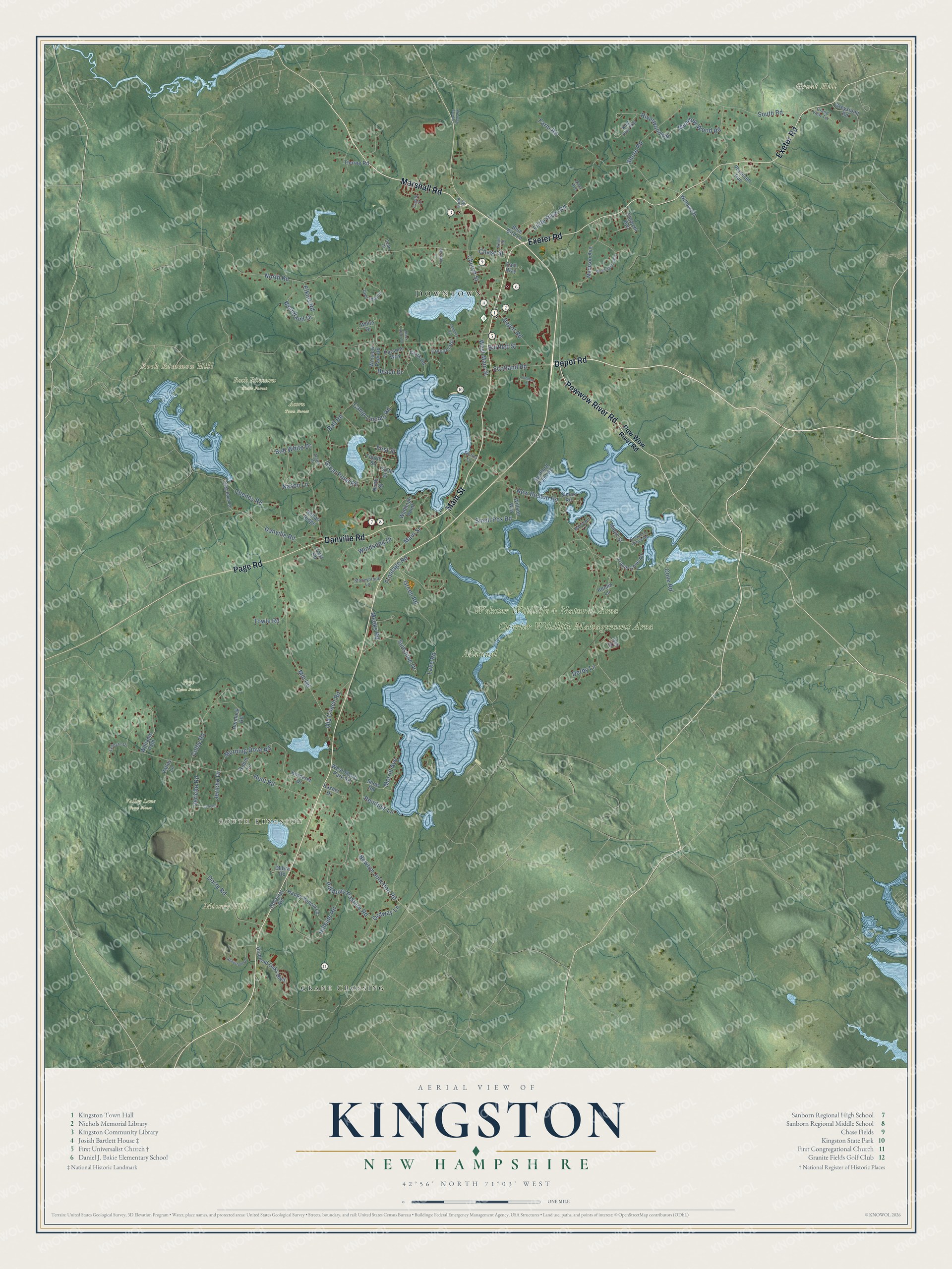 Map of Kingston, New Hampshire, with the Plains, Great Pond and the Josiah Bartlett House