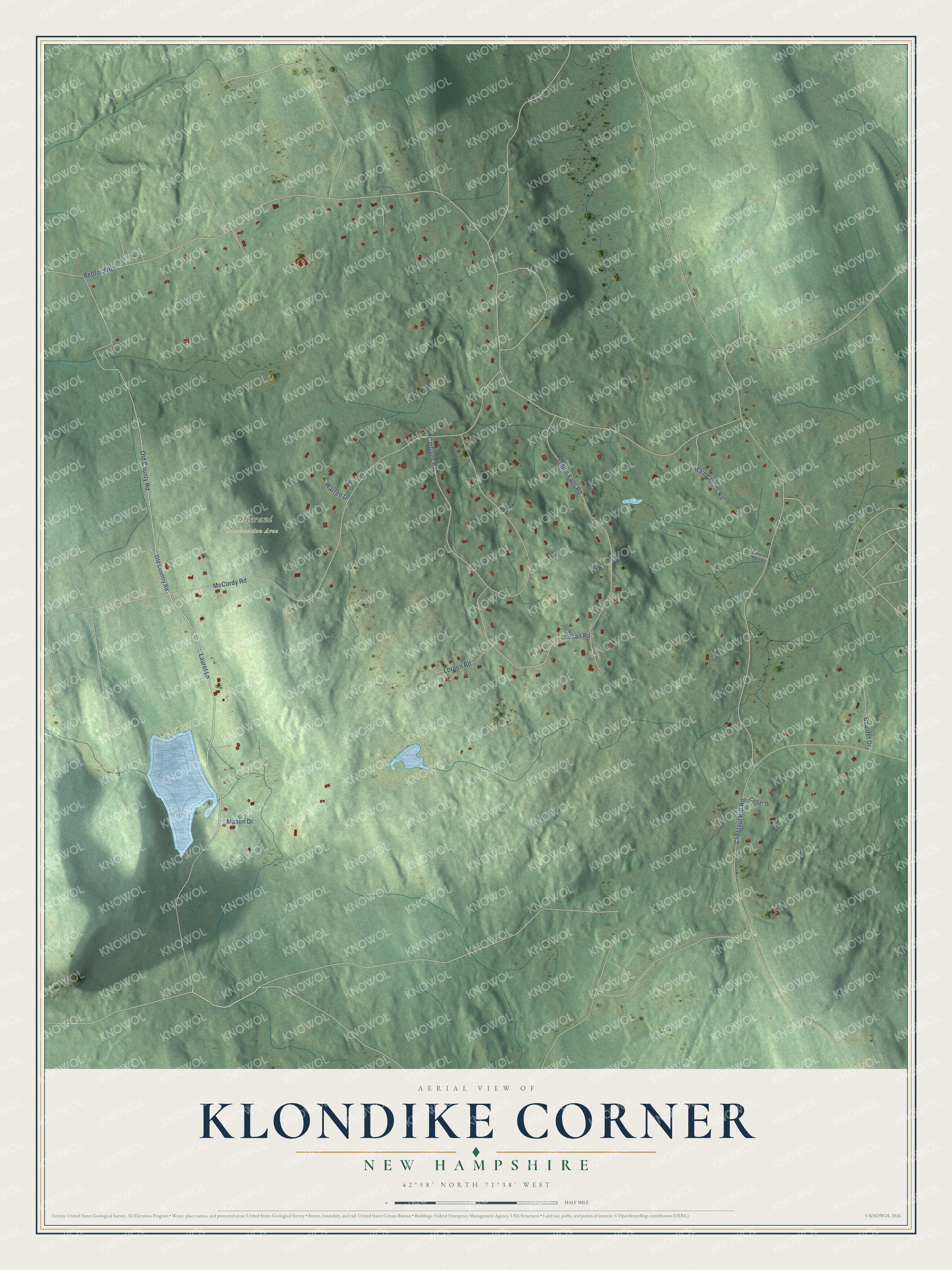 Full map of Klondike Corner, New Hampshire, with red buildings, printed street names and the land around them