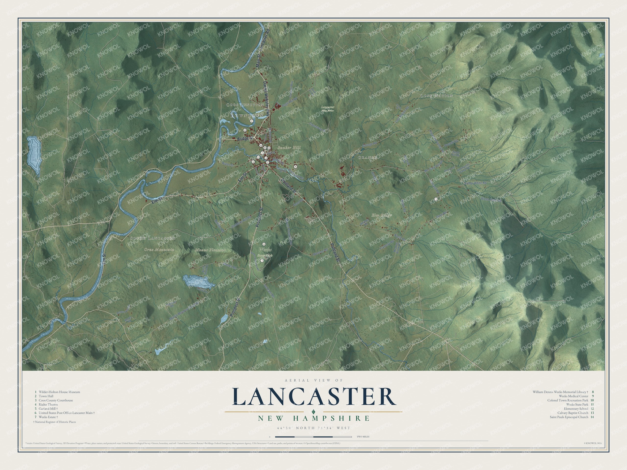 Map of Lancaster, New Hampshire, with the Connecticut River, the Israel River and Weeks State Park