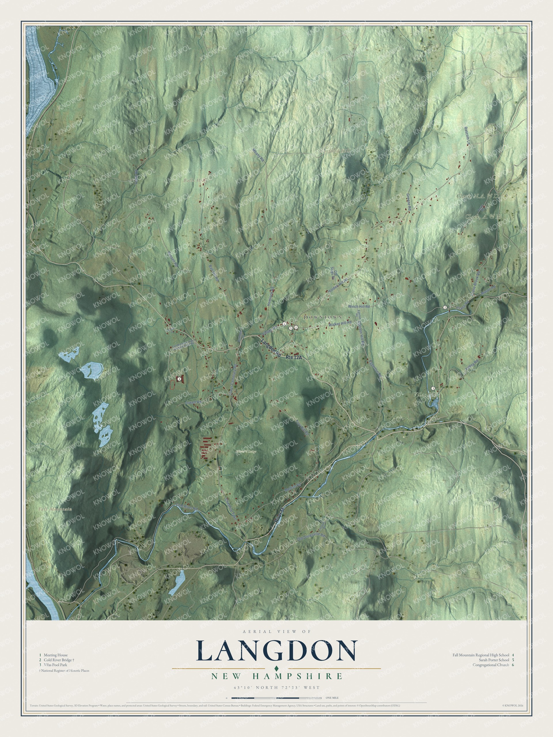 Map of Langdon, New Hampshire, with the Cold River, Great Brook and the village center