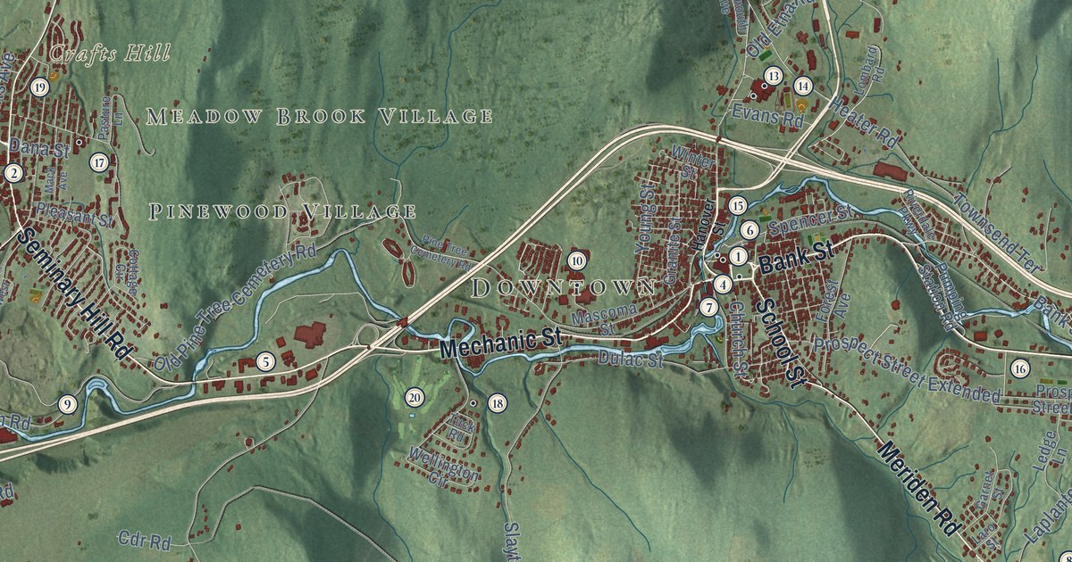 Close-up of streets and buildings in Lebanon, New Hampshire