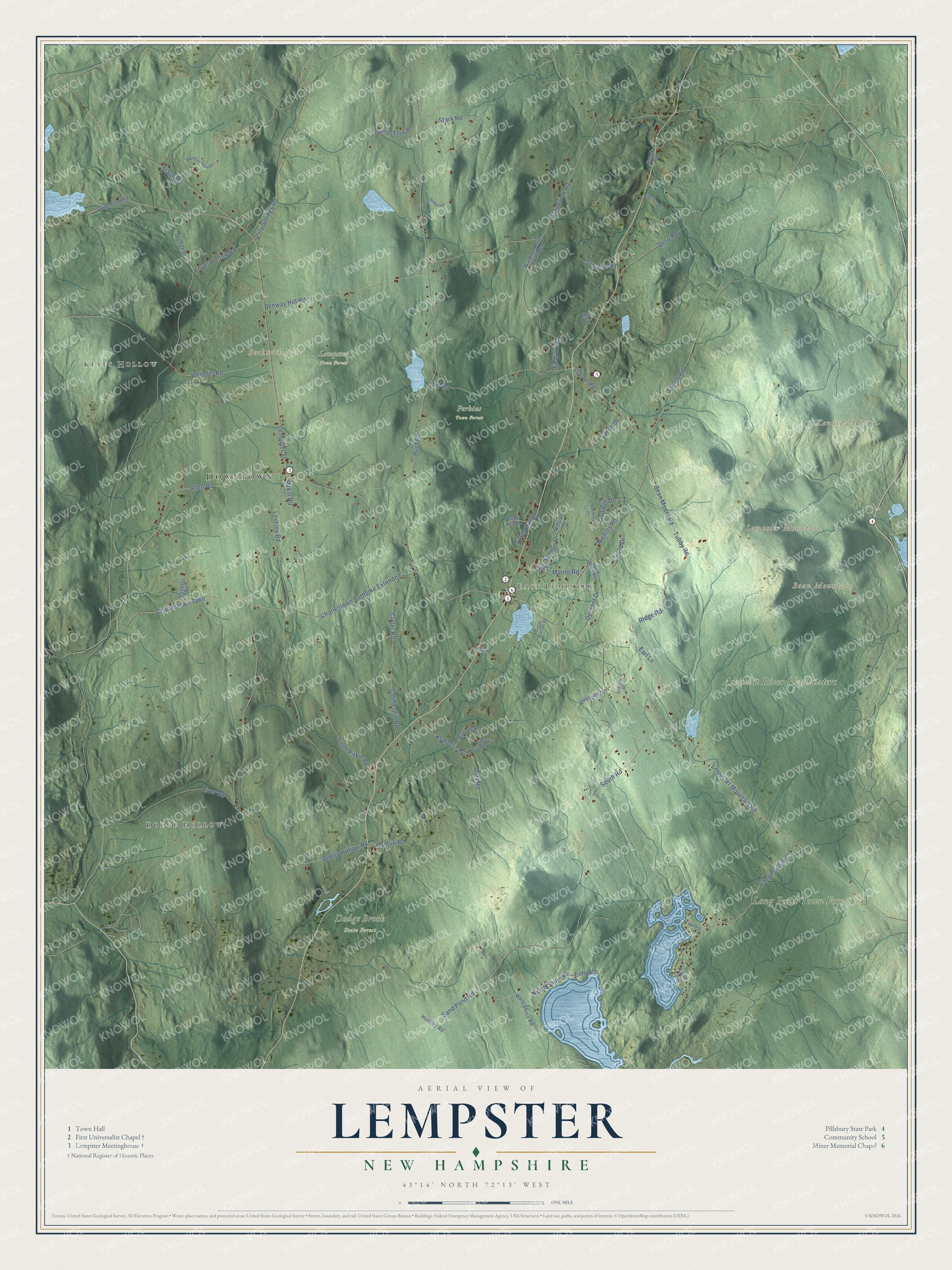 Map of Lempster, New Hampshire, with the meetinghouse, the Universalist chapel and Bean Mountain