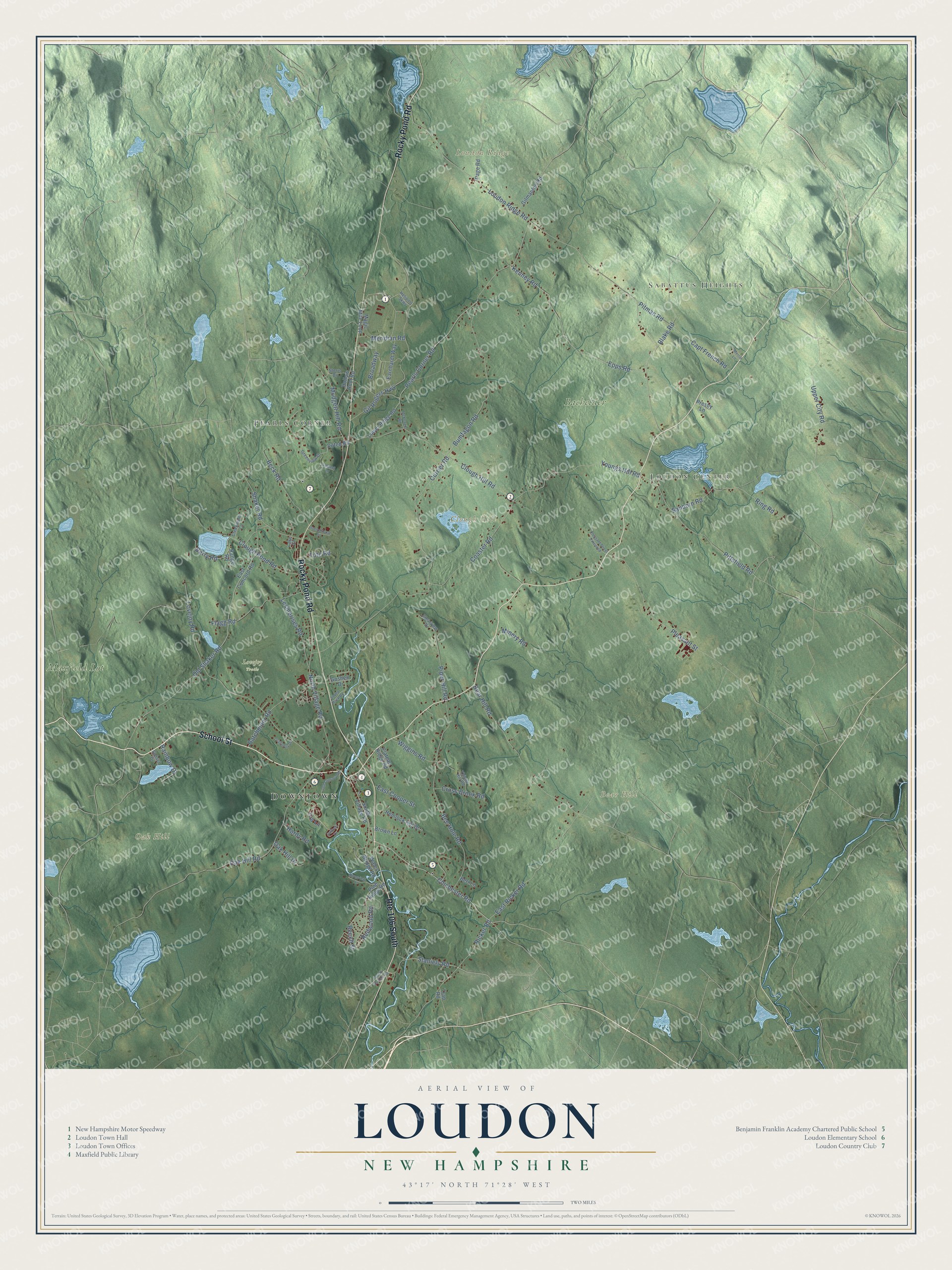 Map of Loudon, New Hampshire, with the Soucook River, the speedway and Sabattus Heights
