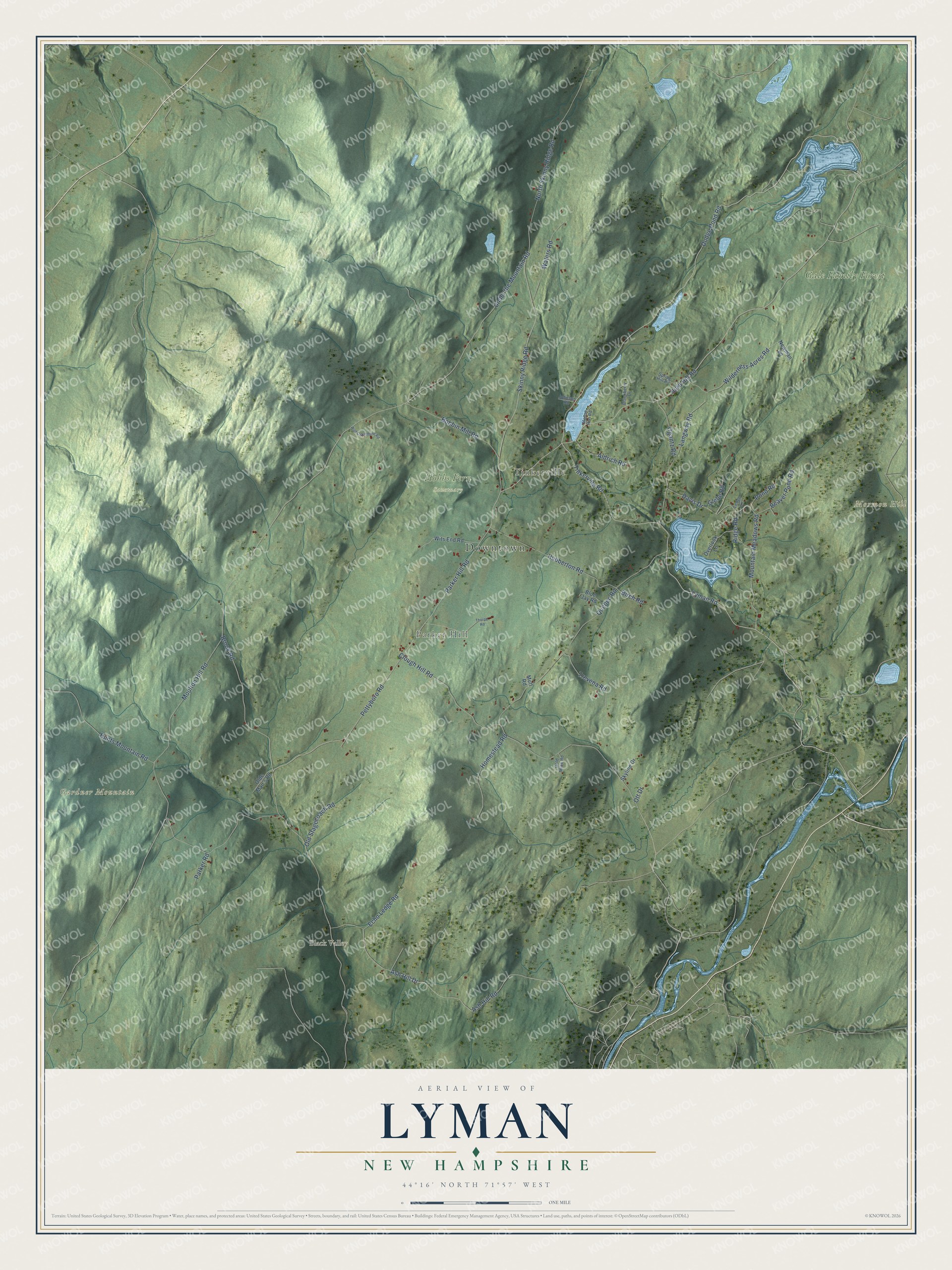 Map of Lyman, New Hampshire, with Gardner Mountain, Parker Hill and Black Valley