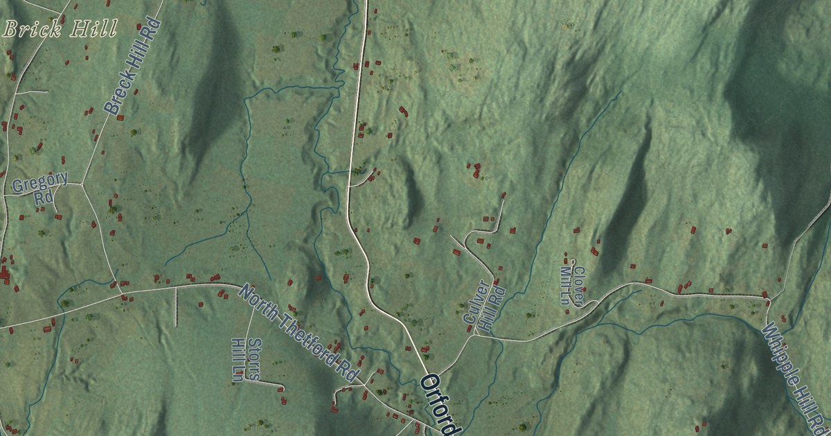 Close-up of streets and buildings in Lyme, New Hampshire