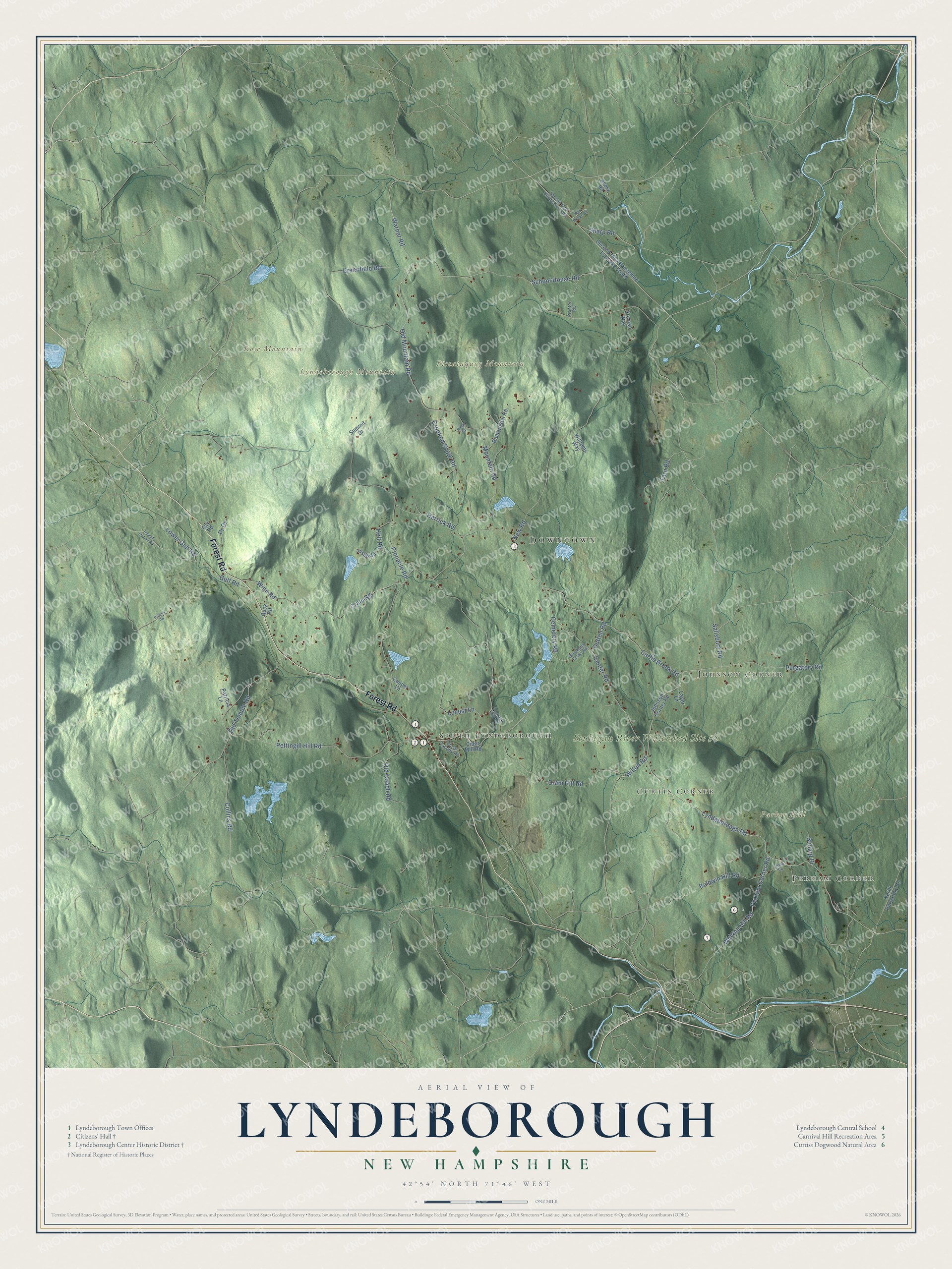 Map of Lyndeborough, New Hampshire, with South Lyndeborough, the Center and the Pinnacle