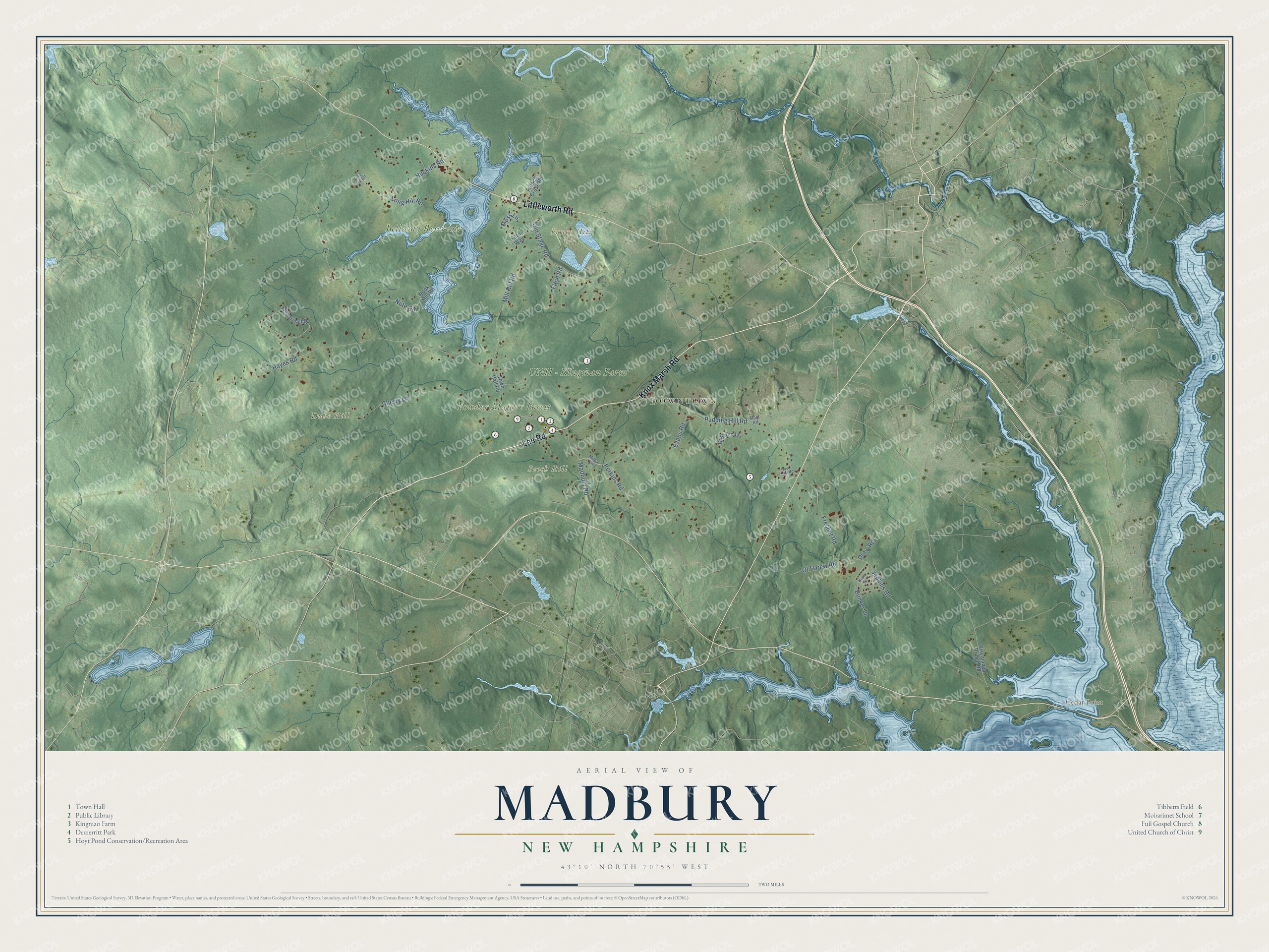 Map of Madbury, New Hampshire, with the Bellamy Reservoir, Hicks Hill and Cedar Point