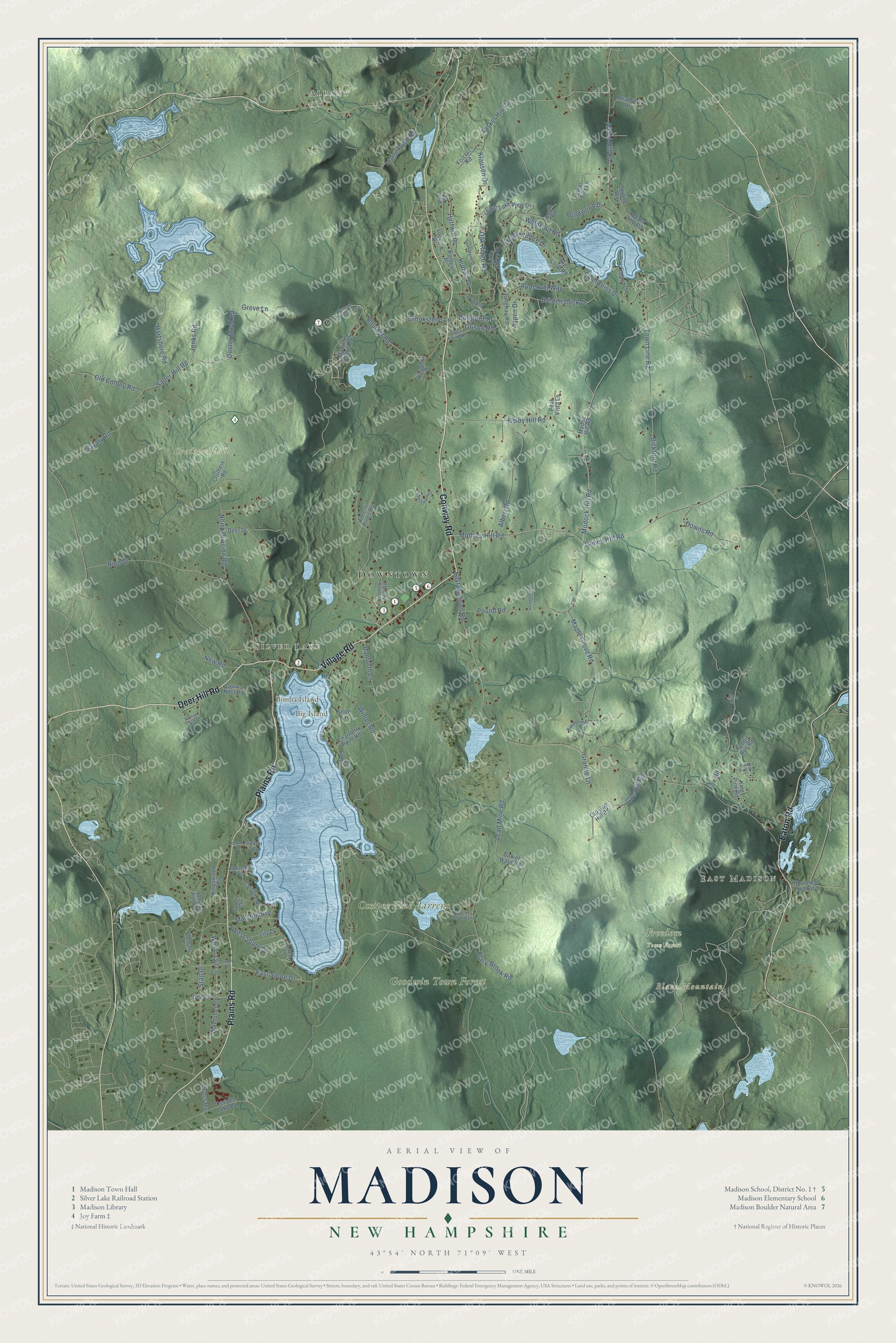 Map of Madison, New Hampshire, with Silver Lake, Joy Farm and the Madison Boulder