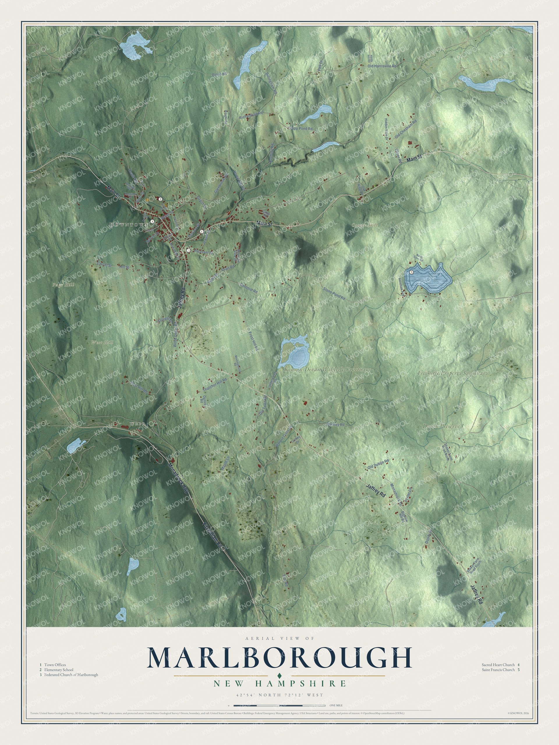 Map of Marlborough, New Hampshire, with the village, Route 101 and Bigelow Hill