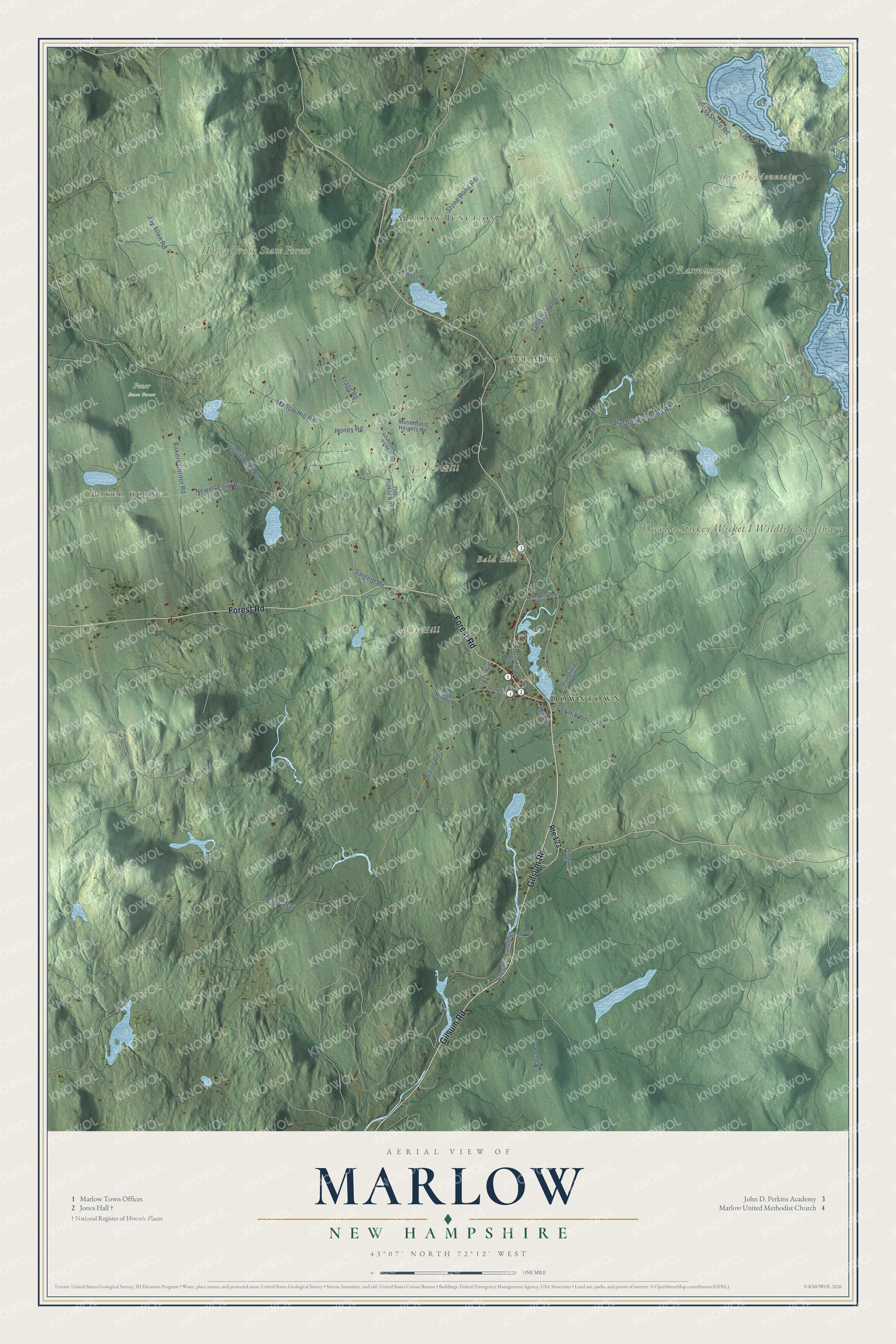 Map of Marlow, New Hampshire, with the Ashuelot River, Jones Hall and Huntley Mountain