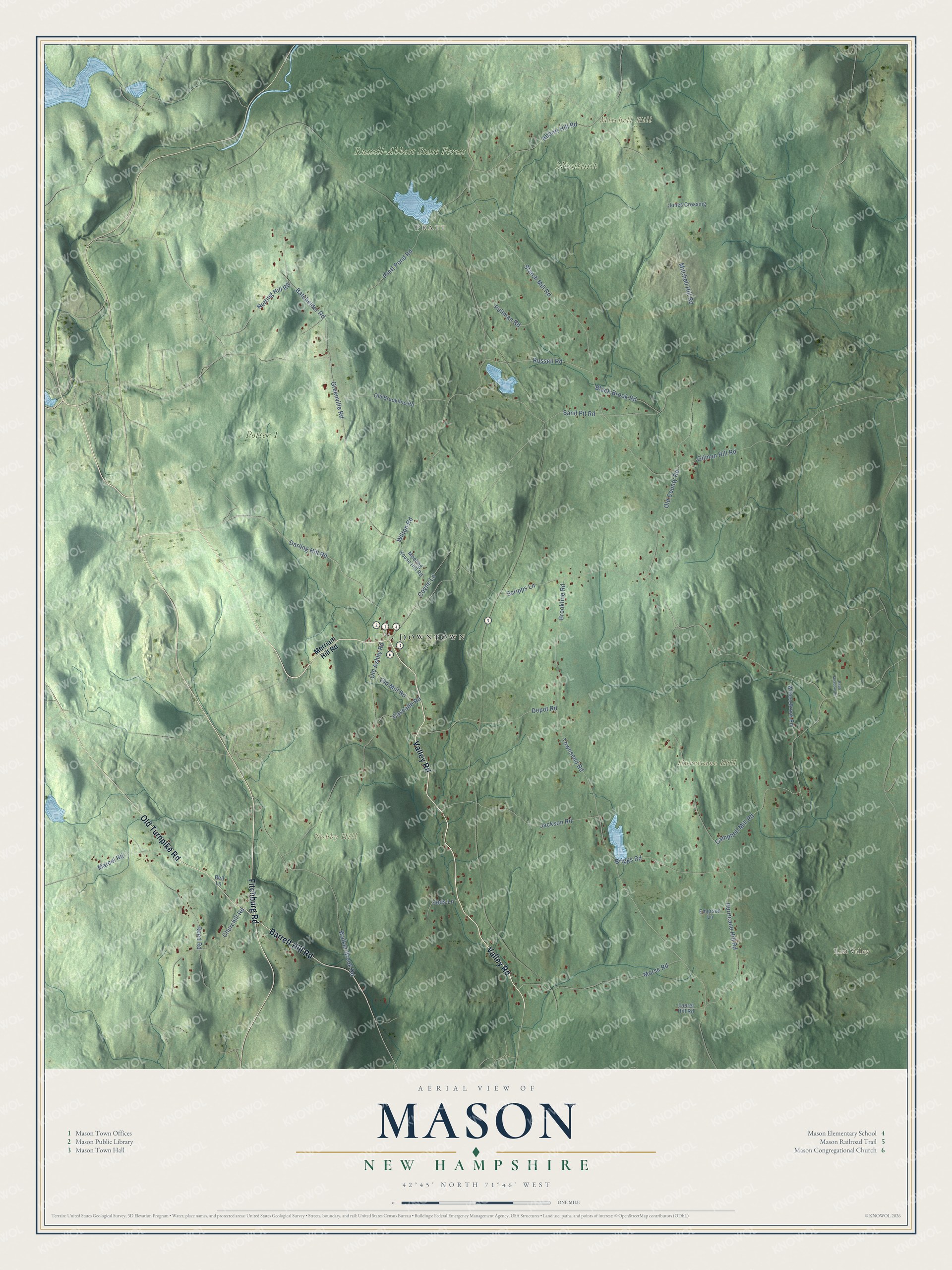 Map of Mason, New Hampshire, with Hurricane Hill, Mitchell Hill and the Mason Railroad Trail